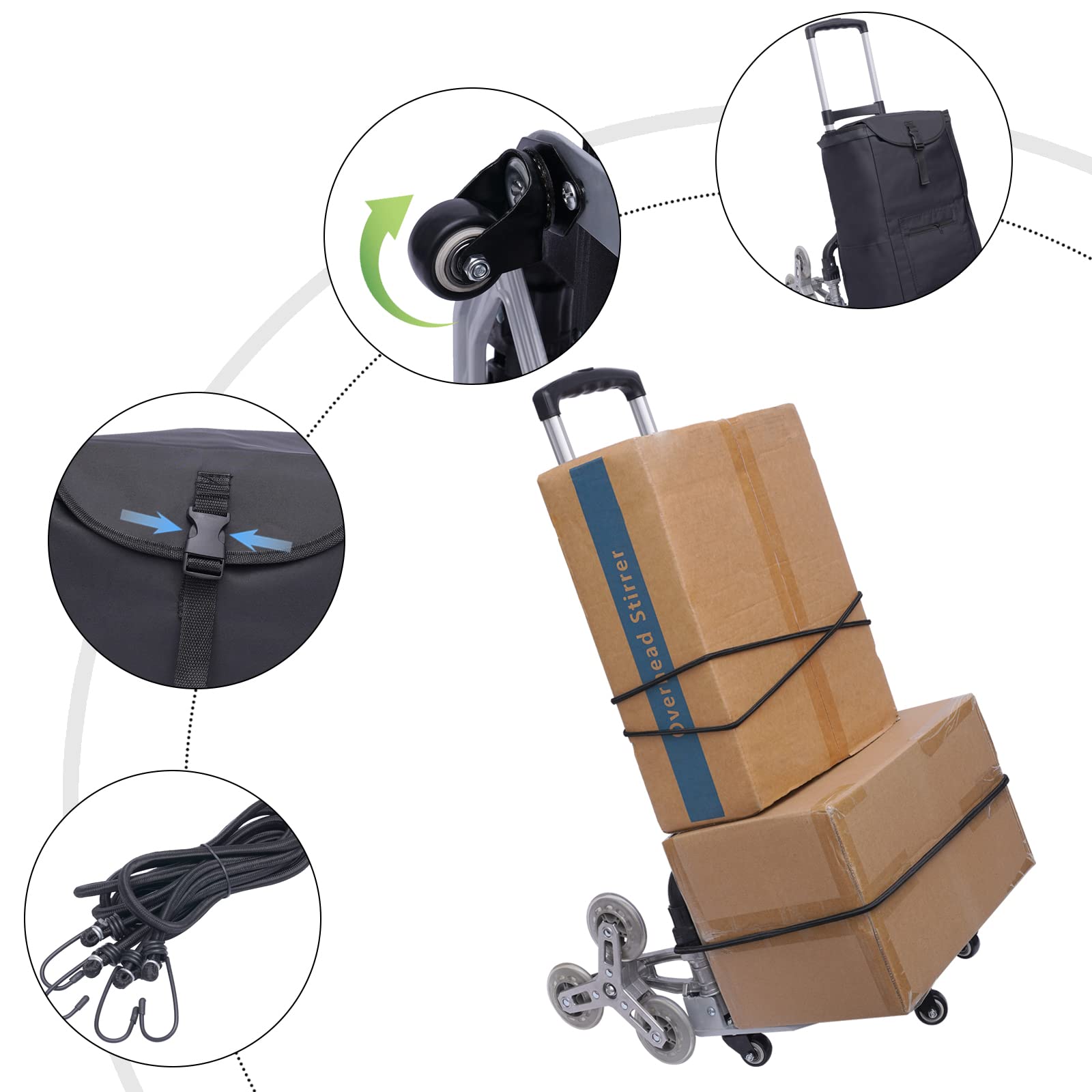 Wózek transportowy, składany, aluminiowy wózek transportowy, wózek transportowy, czarny, składany, wózek schodowy, regulacja wysokości z elastyczną linką i 10 kółkami