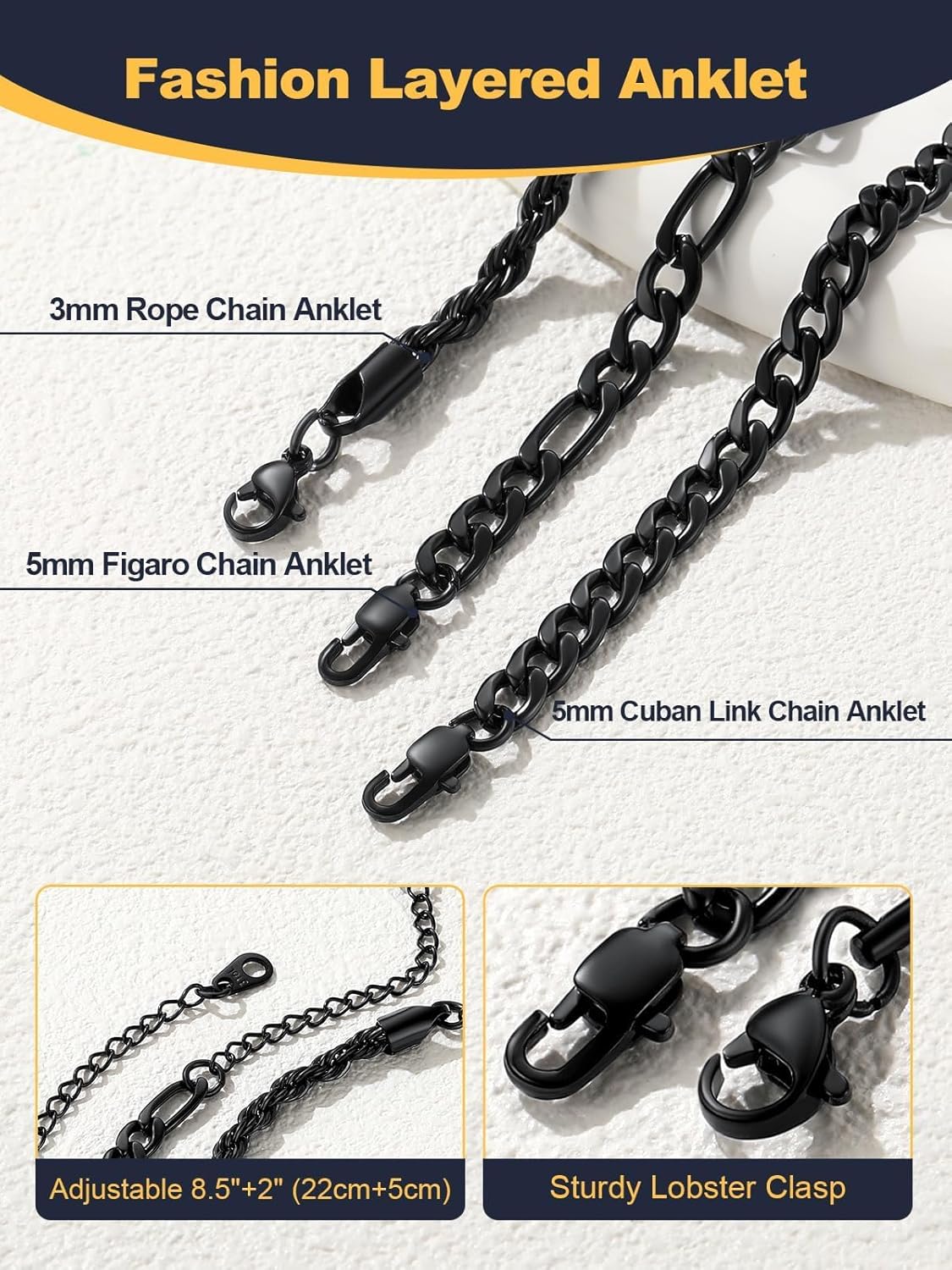 U7 2Pcs/3Pcs Ankle Bracelets for Women, Stainless Steel Cuban Link/Figaro/Rope/Heart Chain Anklets Sets,Waterproof Layered Anklets Adjustable 8.5"-10.5"