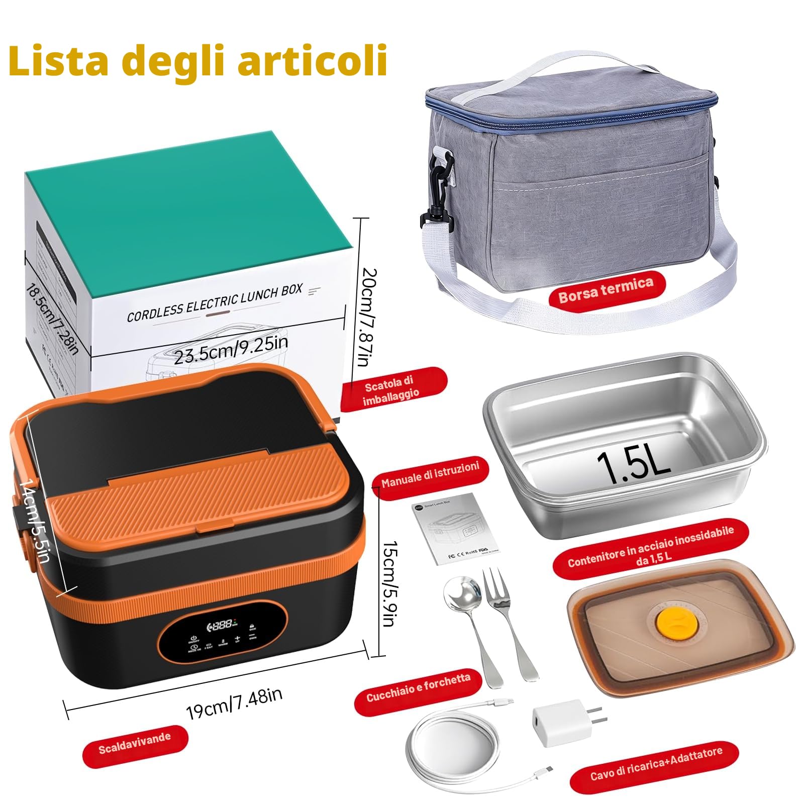 1.5L Upgrade Scaldavivande Elettrico Portatile, Ricaricabile Riscaldamento Automatico Porta Pranzo Termico per Interno ed Esterno Auto Camion e Ufficio Contenitore Termico Per Alimenti Caldi