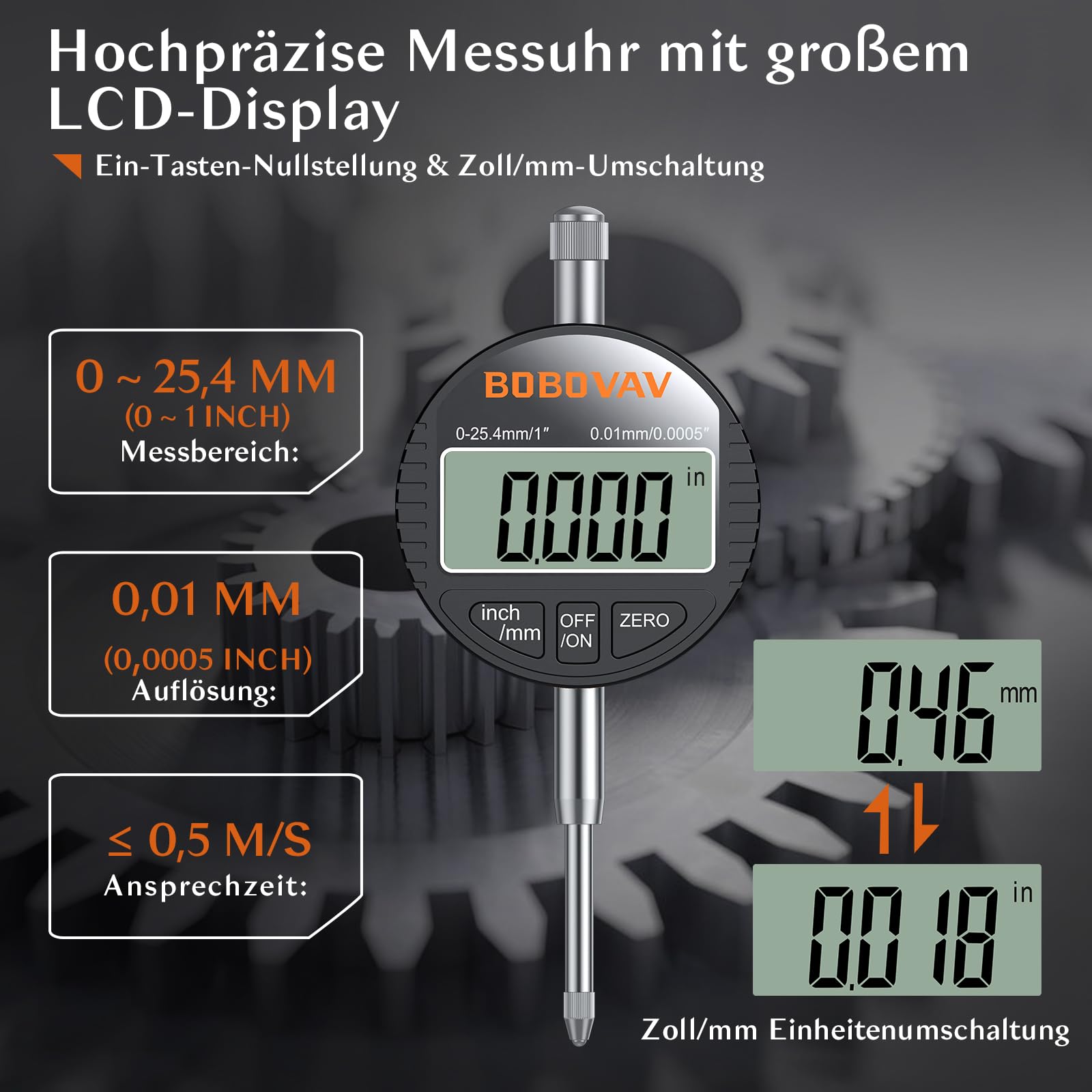 Digital Messuhr-Set mit Magnetfuß 0-25,4 mm, Auflösung 0,01 mm, mm/Zoll umschaltbar, 40 kg Haltekraft, flexibler 3-Gelenk-Arm Messwerkzeug– Für Labor Drehmaschinen, Fräsmaschinen & Werkstatt