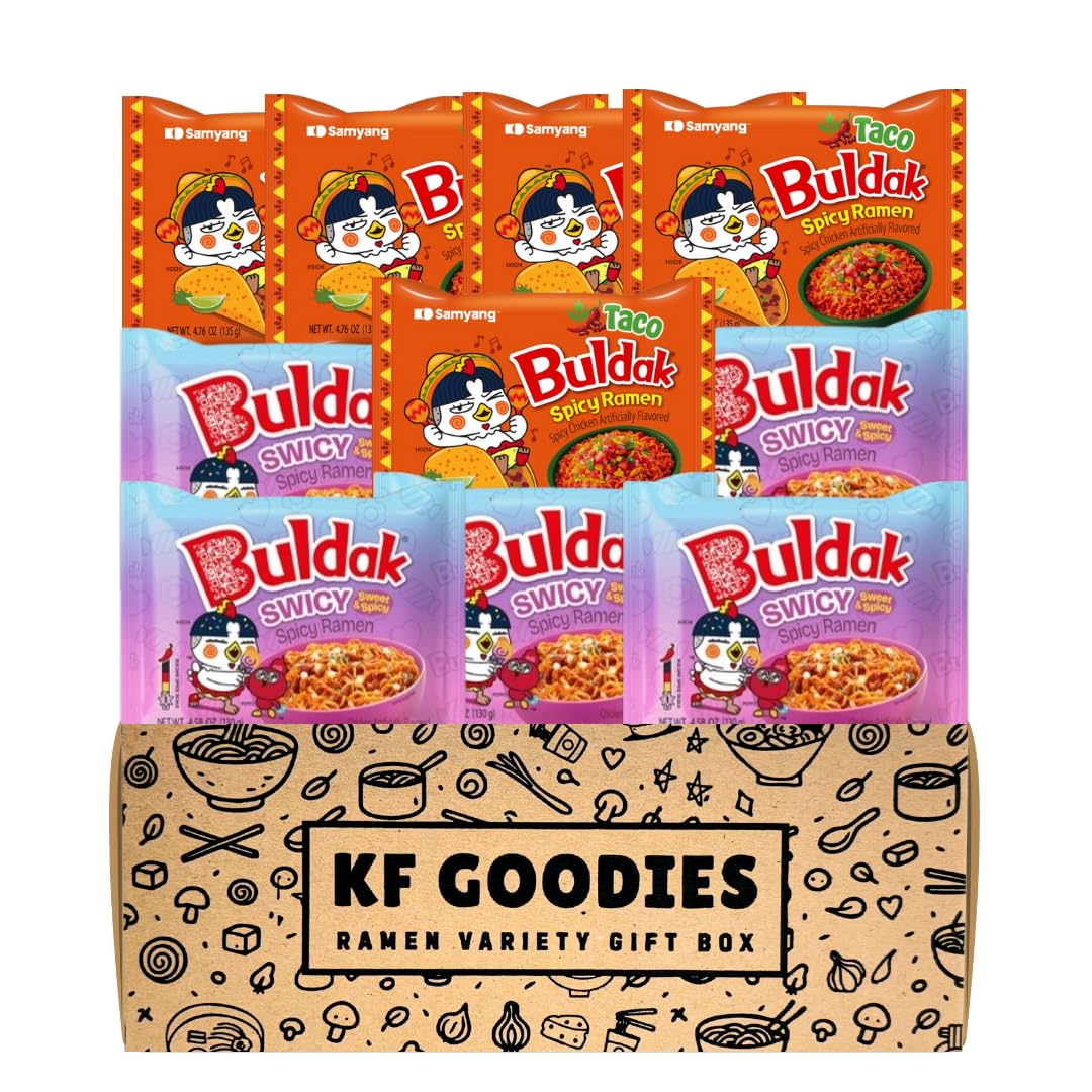 KF GOODIES Korean Ramen Variety Pack Gift Box (10 Count) – Spicy Buldak Noodle Assortment for Birthdays, College Care Packages, Office Snacks, and Gift Baskets