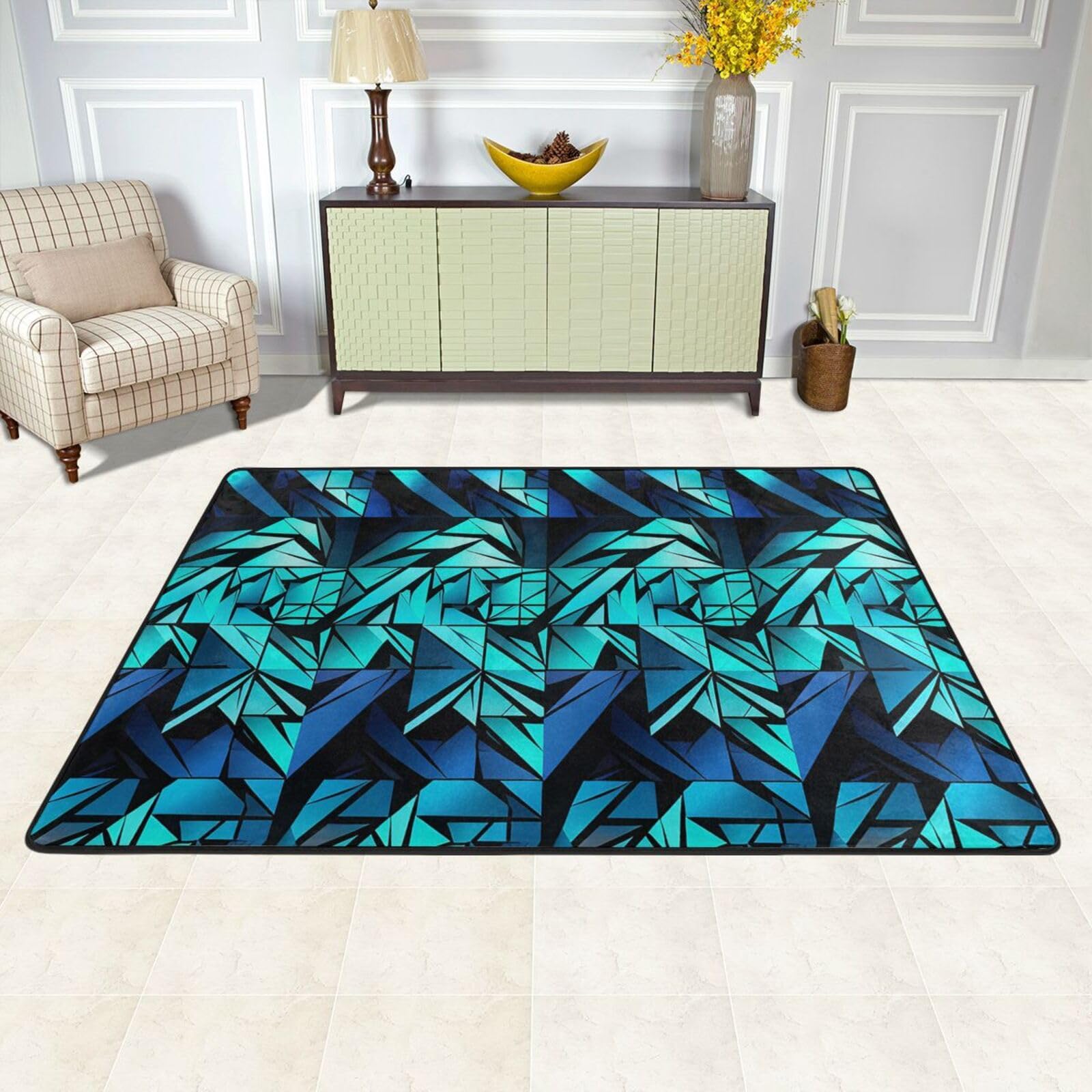Tapis de sol géométrique bleu cyan 183x122 cm pour salon et chambre
