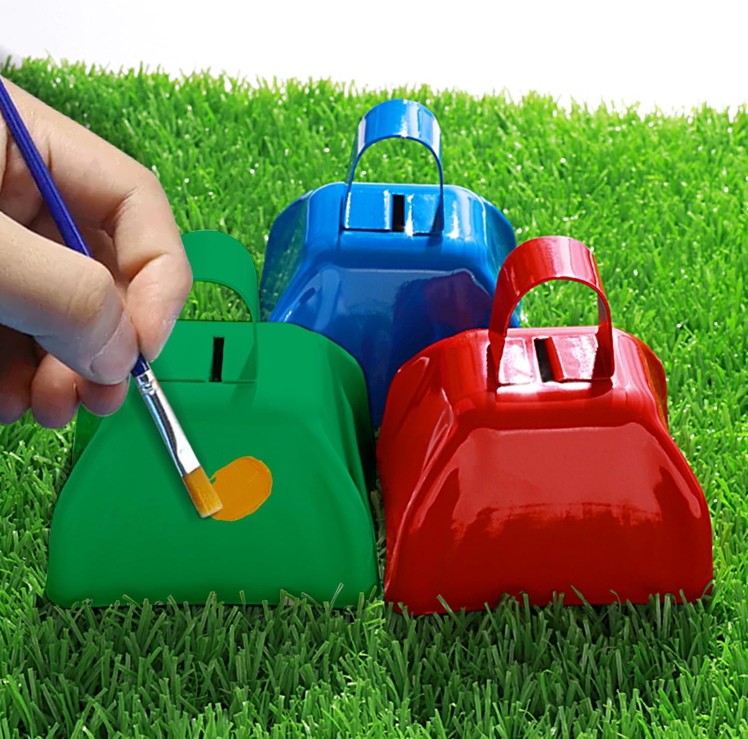 15 Pack Metal Cowbells 3 Inch Green Cow Bells Noise Makers Loud Cow Bell with Handles, Small Cowbell Hand Percussion Cowbells for Sporting Events, Cheering, Football Games, Weddings