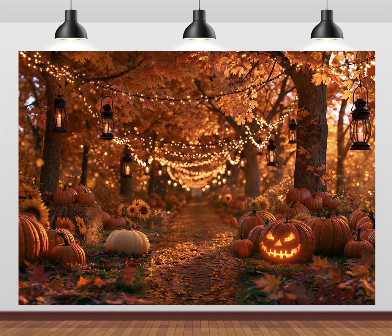 10x8FT (3x2.5m) Sentiero Di Festa Autunnale Con Zucca Sfondo Fotografico | Sentiero Festivo Nel Bosco Con Zucche Fondale In Tessuto,Lucine Lanterne,Per Feste Halloween E Foto In Costume,Photo Booth