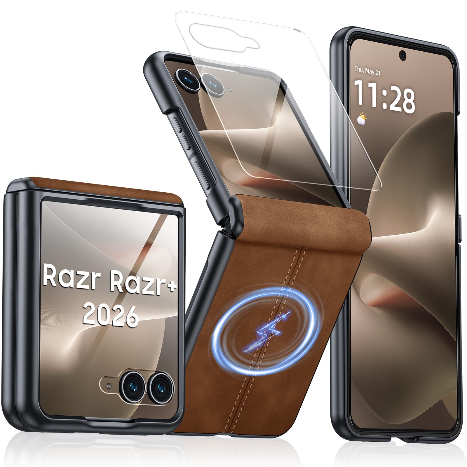 Magnetic for Motorola Razr+ Plus 2026 Case/Razr+ Plus 2025 Case with Hinge Protection &amp; Built-in Outer Screen Protector, Fit for Magsafe, Leather Matte Shockproof Case for Razr+ 2026/2025-Brown
