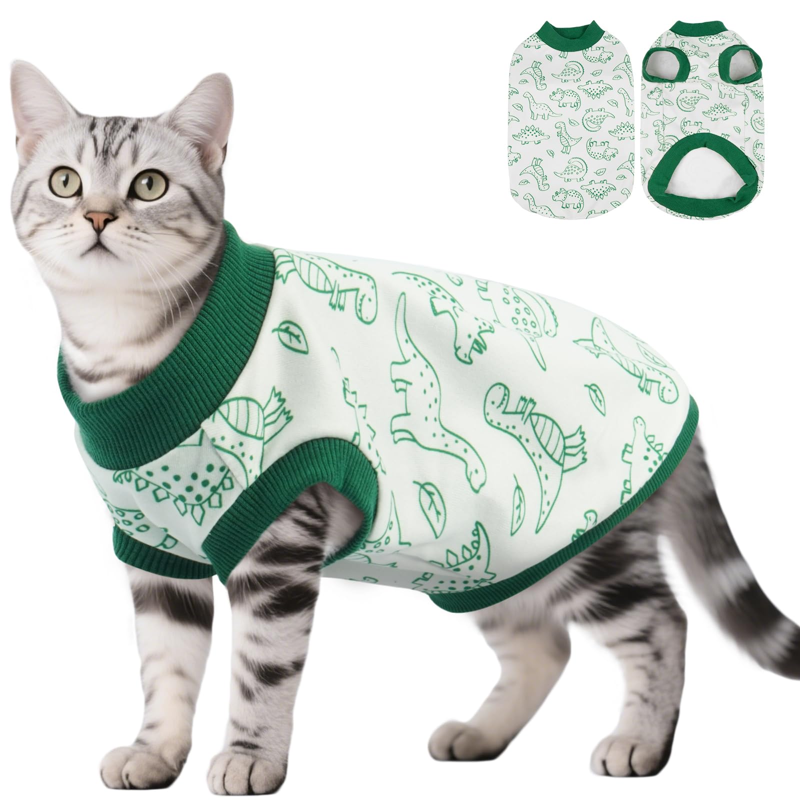 DENTRUN Sleeveless Cat Vest with Dinosaur Print, Breathable Ultra-Soft Dralon Fleece Cat Sweater, All-Season Pet Costume Apparel for Cats, Kitten