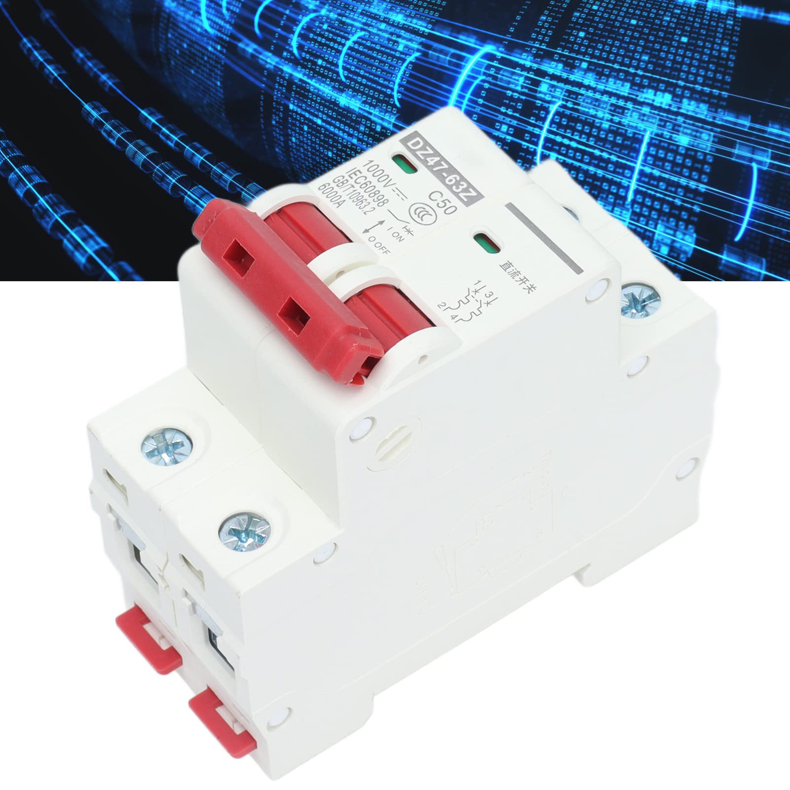 Yosoo Health Gear Miniaturowy Wyłącznik Automatyczny DC, 2P Izolator Systemu Fotowoltaicznego do Montażu na Szynie DIN, 1000 V 50 A, DZ47-63Z C50 Przeciążenie i Zwarcie dla Systemów DC