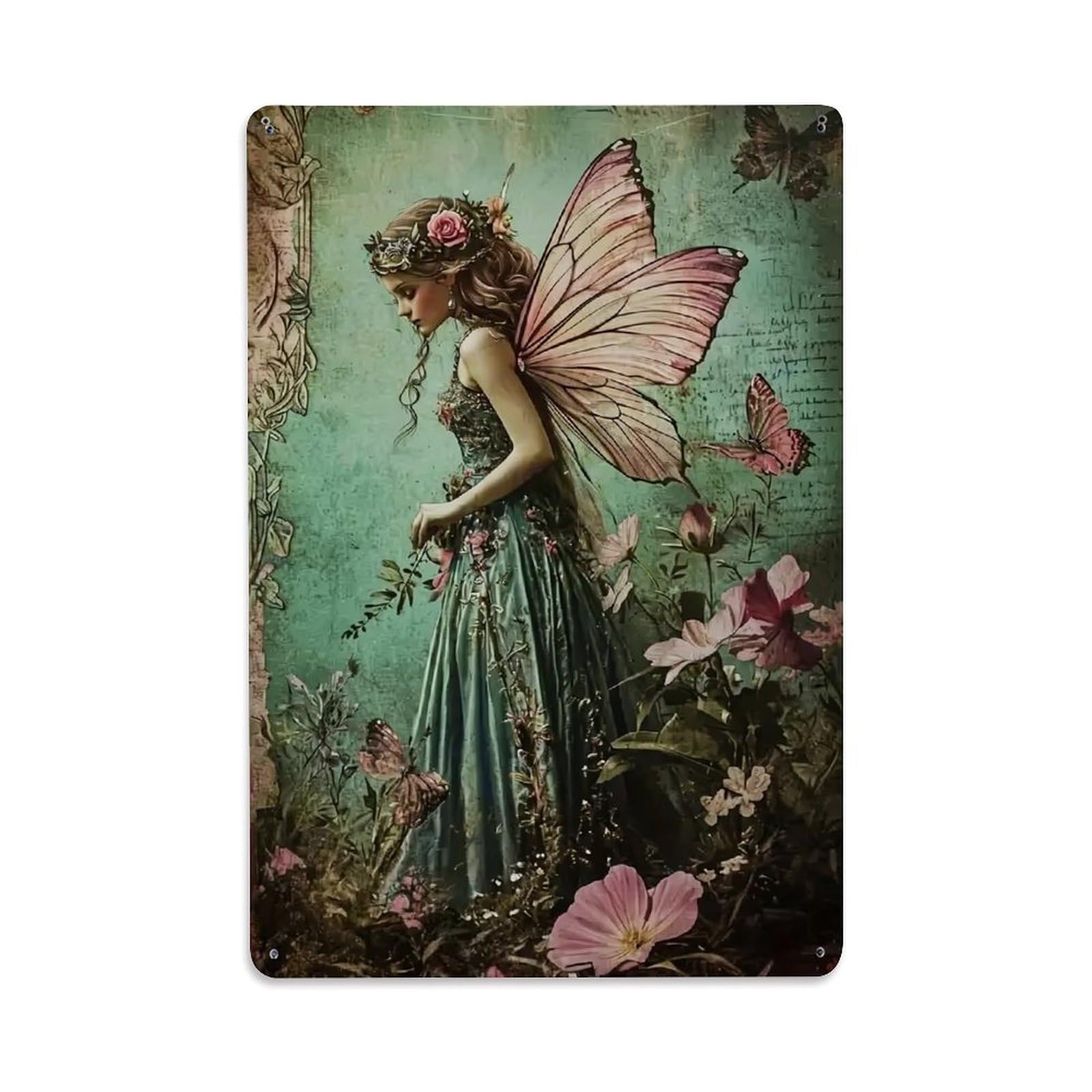 Nestemfo Vintage Fairy With Butterfly Wings Flowers Tin Sign Metal Sign, Living Room,Bar, Home, Bedroom Wall Decor,Retro Metal Poster 8X12 Inches