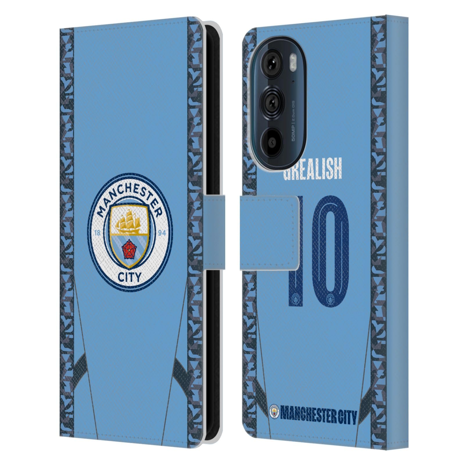Head Case Designs Officially Licensed Manchester City Man City FC Jack Grealish 2024/25 Players Home Kit Leather Book Wallet Case Cover Compatible with Motorola Edge 30