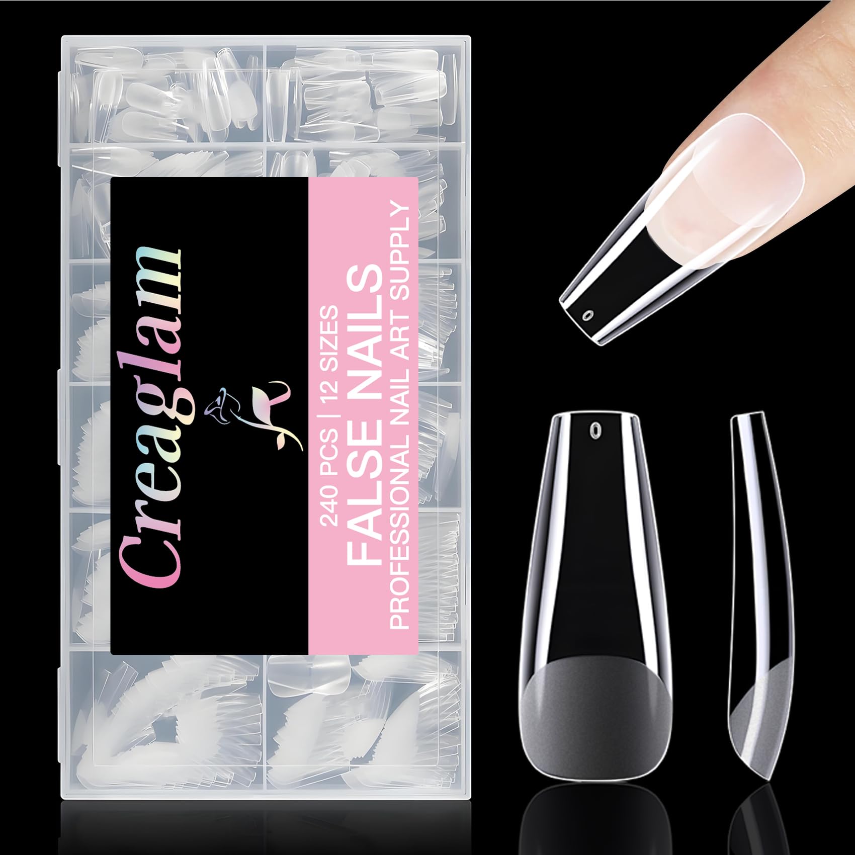 Creaglam Square Nail Tips Long: 240Pcs Soft Nail Gel Tips Pre-Shaped Clear Square Acrylic Fake Nails - 12 Sizes Soft Nail Tips Half Matte False Full