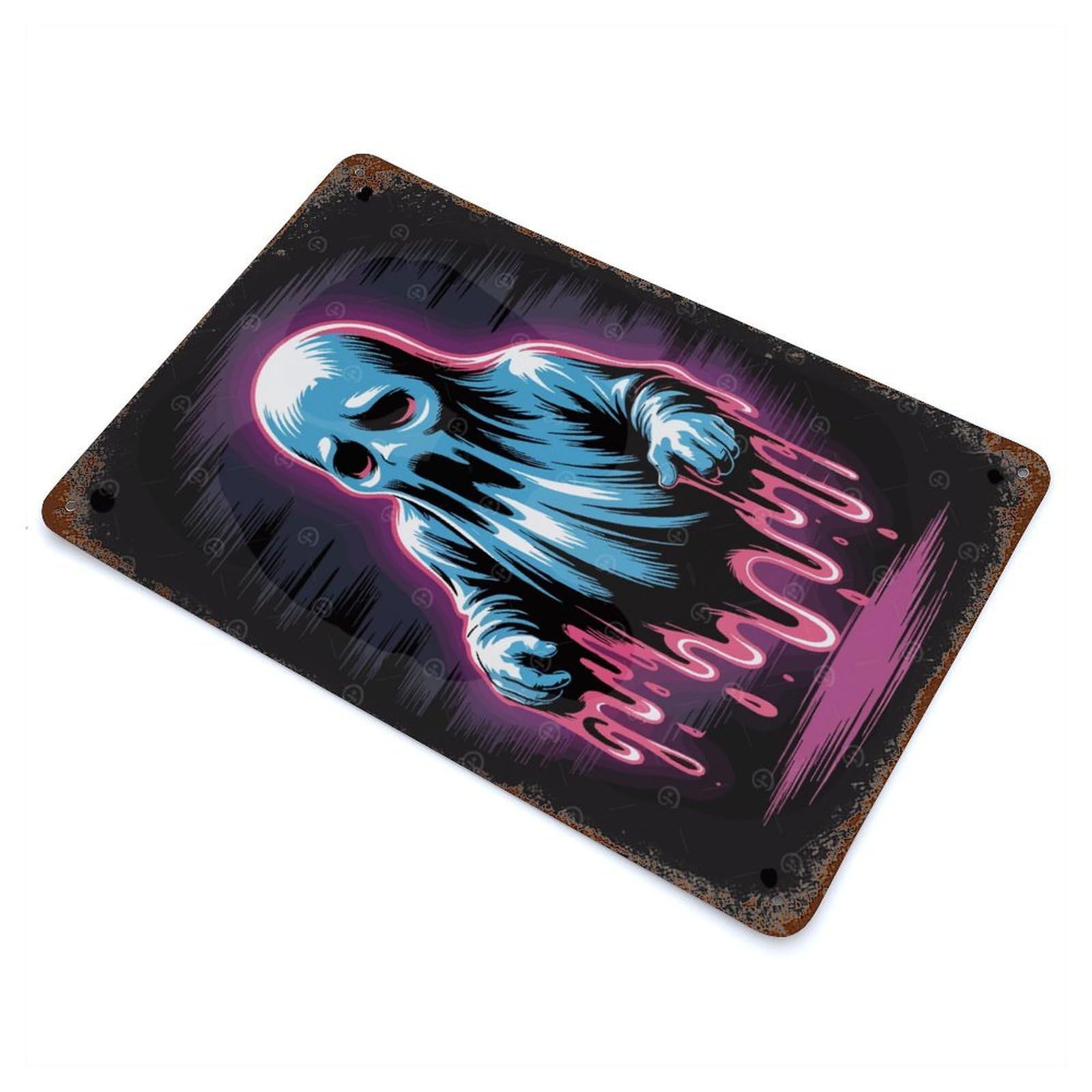 Distressed Metal Wall Sign Sad Blue Ghost with Pink Drips 11.8"x7.9", Retro Wall Decor for Basement, Hobby Room And Garage Decor