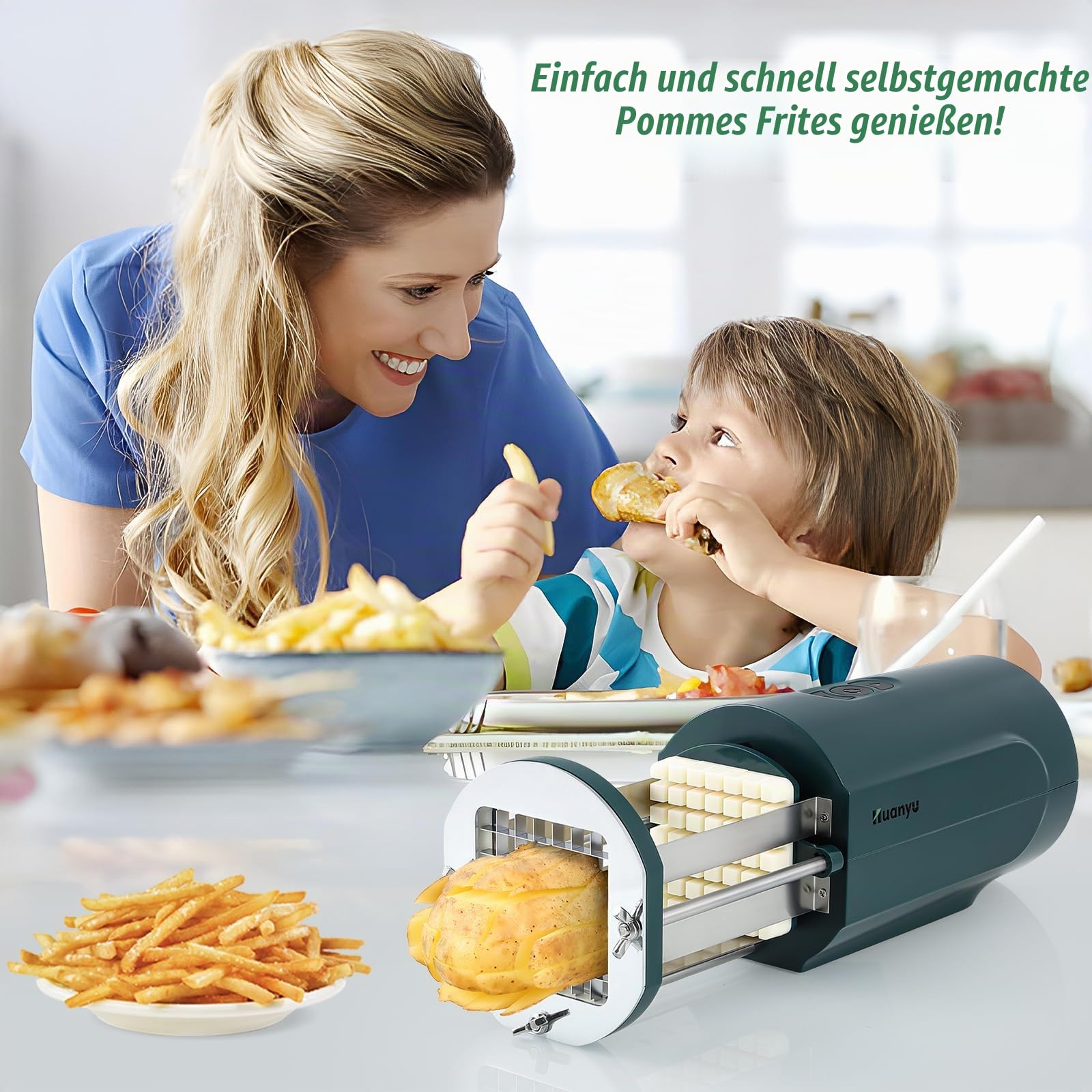 Huanyu Elektrischer Pommes-Frites-Schneider Elektrischer Kartoffelschneider mit 2 Klingengrößen Multifunktionaler elektrischer Gemüseschneider für Kartoffeln, Karotten und Gurken (Grün)