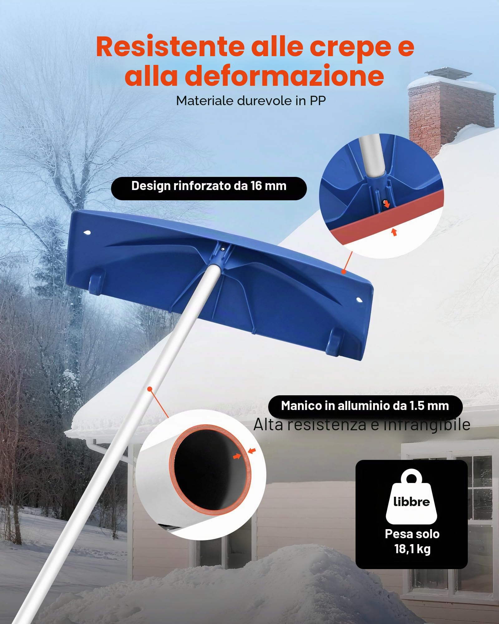 VEVOR Rastrello da Neve per Tetto, Lama in Plastica PP da 600 mm, Raschietto per Tetti da Neve Regolabile 1180-5550 mm con Ruote, Impugnatura Antiscivolo, Pala per Rimozione Neve Foglie e Detriti