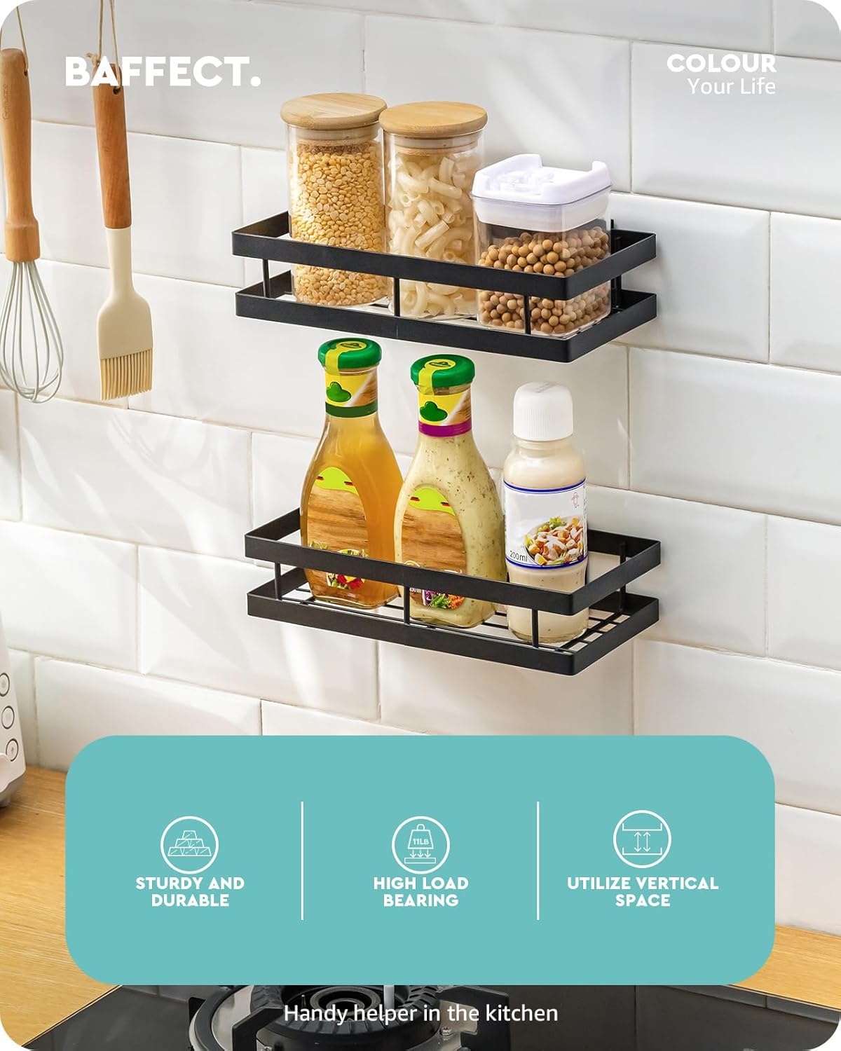 Baffect Metal Spice Rack Wall Mount Floating Shelves 2 Pack Black Storage organizer for Cabinet Door Pantry Kitchen Bathroom Supplies (13.7inches length)