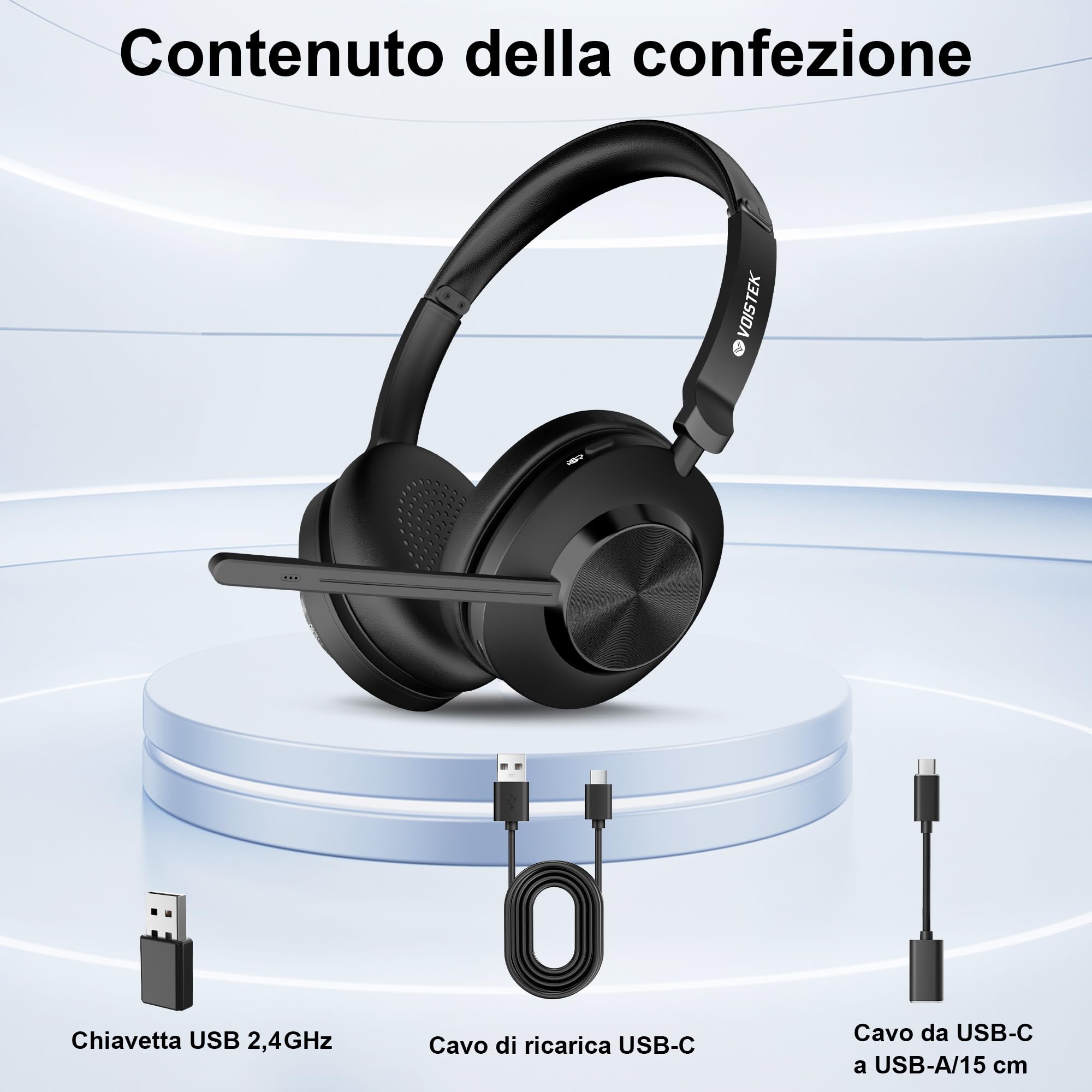Voistek Cuffie Bluetooth Wireless con Microfono e Cancellazione Rumore, Dongle USB per PC, 45 Ore di Autonomia, Tasto Muto, Ideali per Ufficio, Riunioni, Zoom, Call Center, Laptop, Computer
