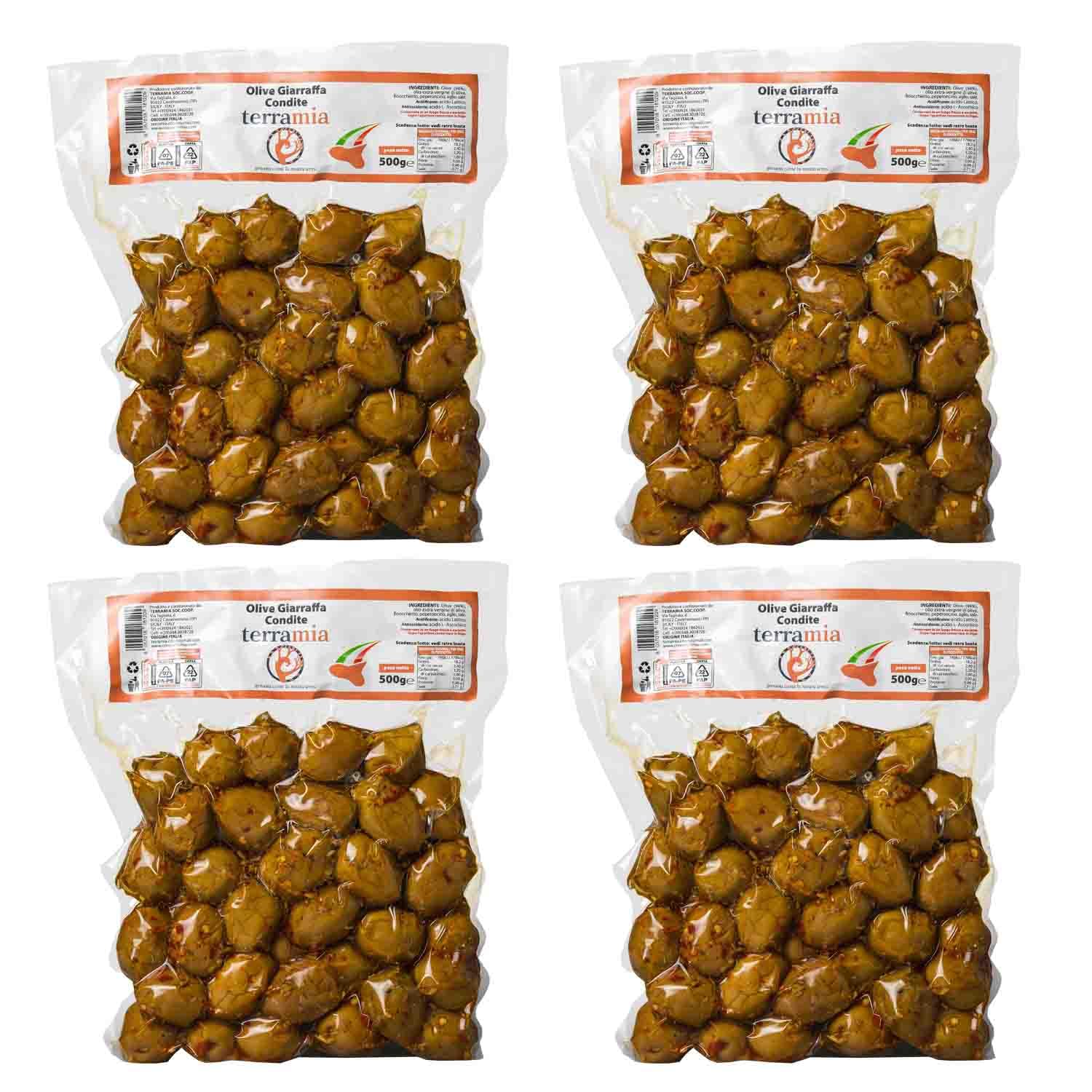 Terramia Olive Verdi Condite Siciliane Varietà "Giarraffa" – Prodotto Artigianale da Azienda Premiata Ercole Olivario e Monna Oliva, Formato Scorta 2kg (4 Buste x 500g)