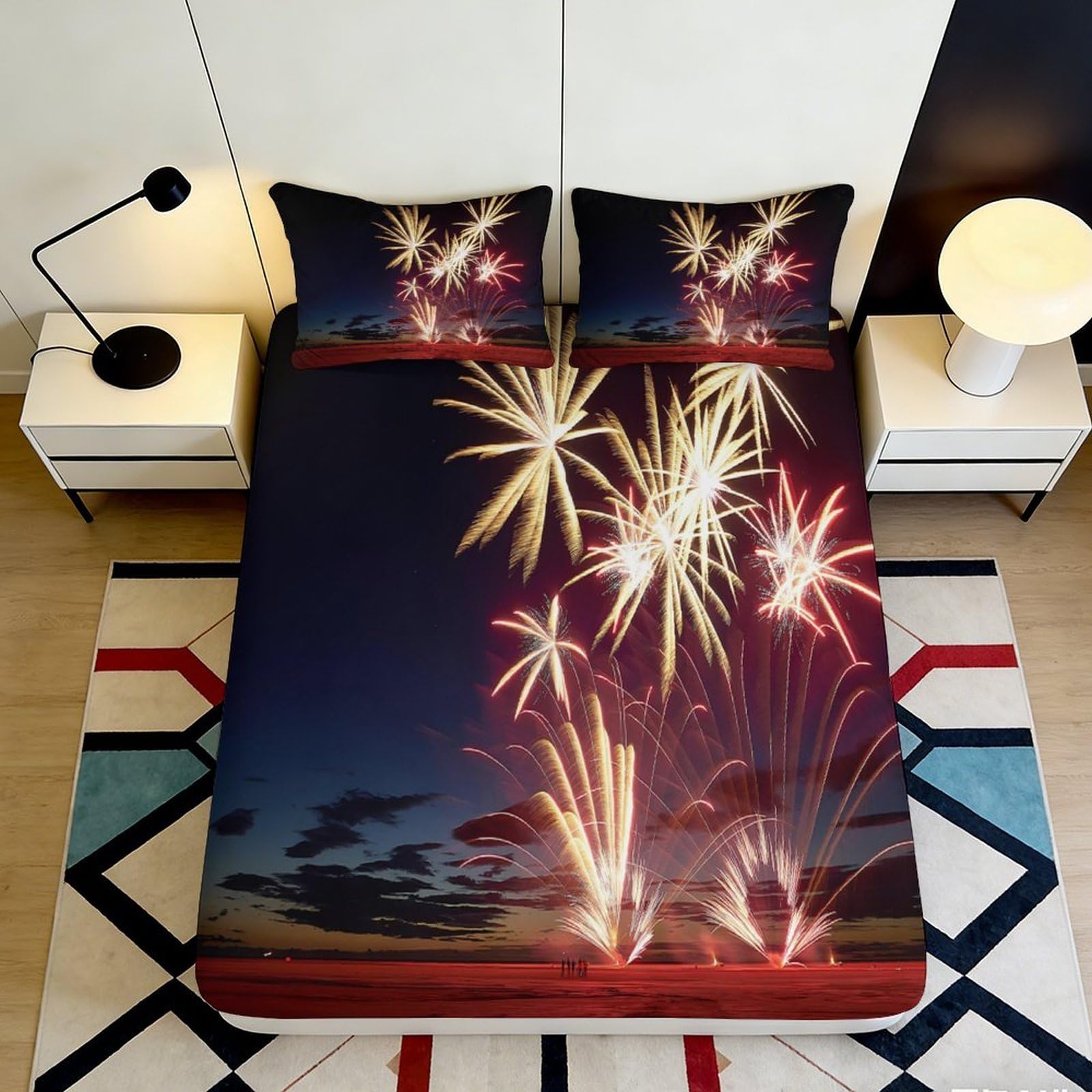 3D Printed Fireworks Night Sky Fitted Sheet Microfiber Soft Bed Cover for Bedroom Guest Room Mattress Decor 90x200x25cm