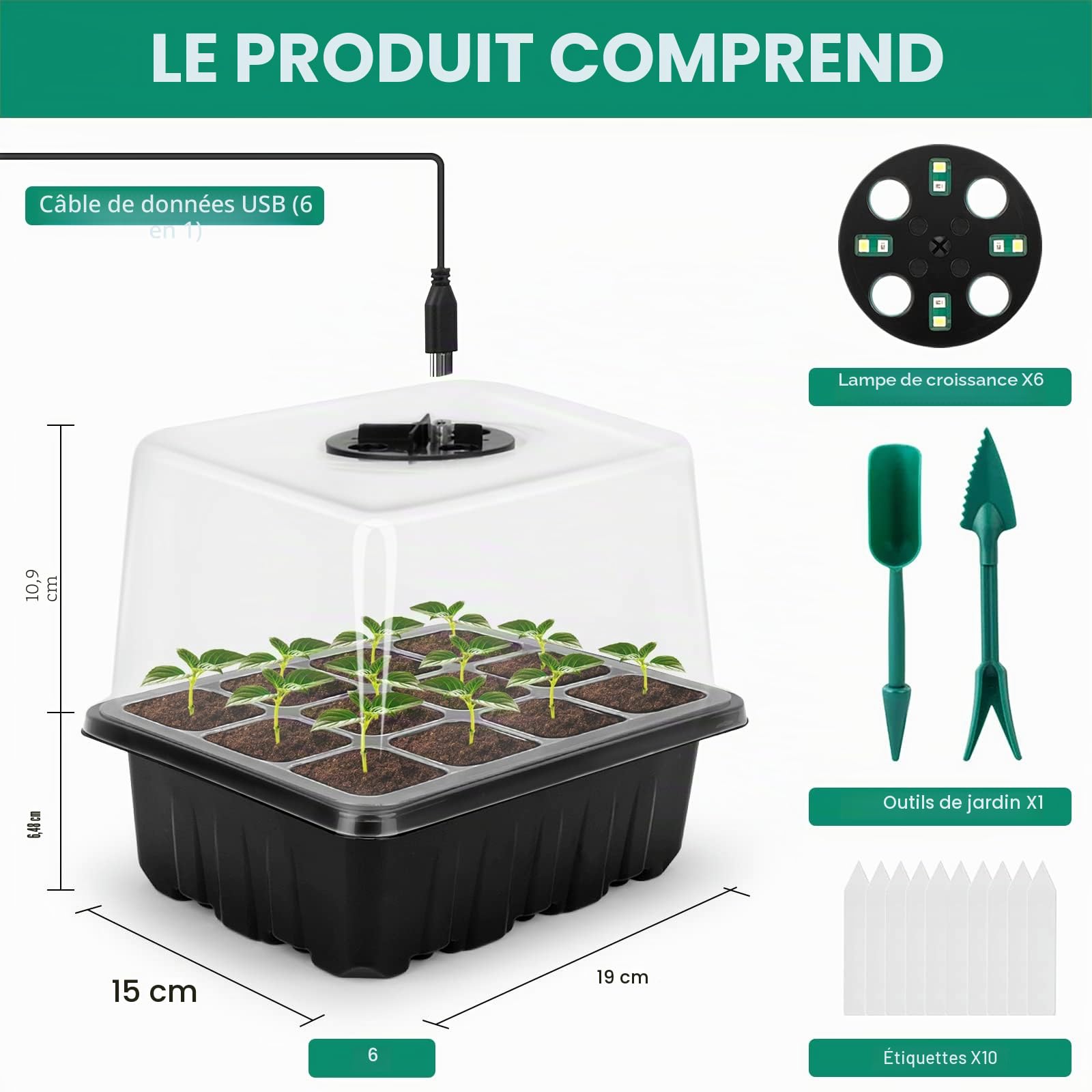 RIOGOO Lot de 6 Plateaux de démarrage pour semences avec lumière de Croissance, kit de démarrage pour semences avec luminosité et humidité réglables, kit de Germination en Serre (12 x 6,72 cellules)