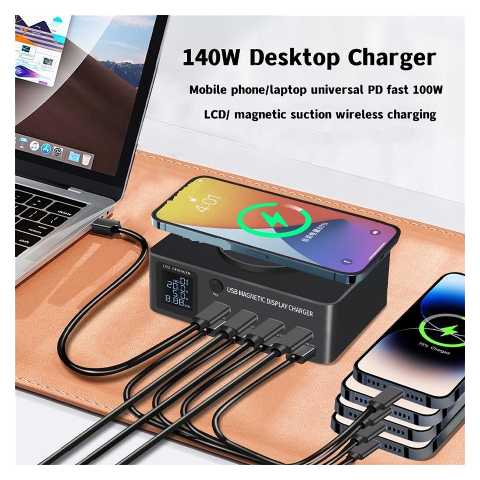 8-portowa Stacja Ładująca USB 140 W Typu C PD QC3.0 Wieloportowa Szybka Ładowarka Z Wyświetlaczem Bezprzewodowa 15