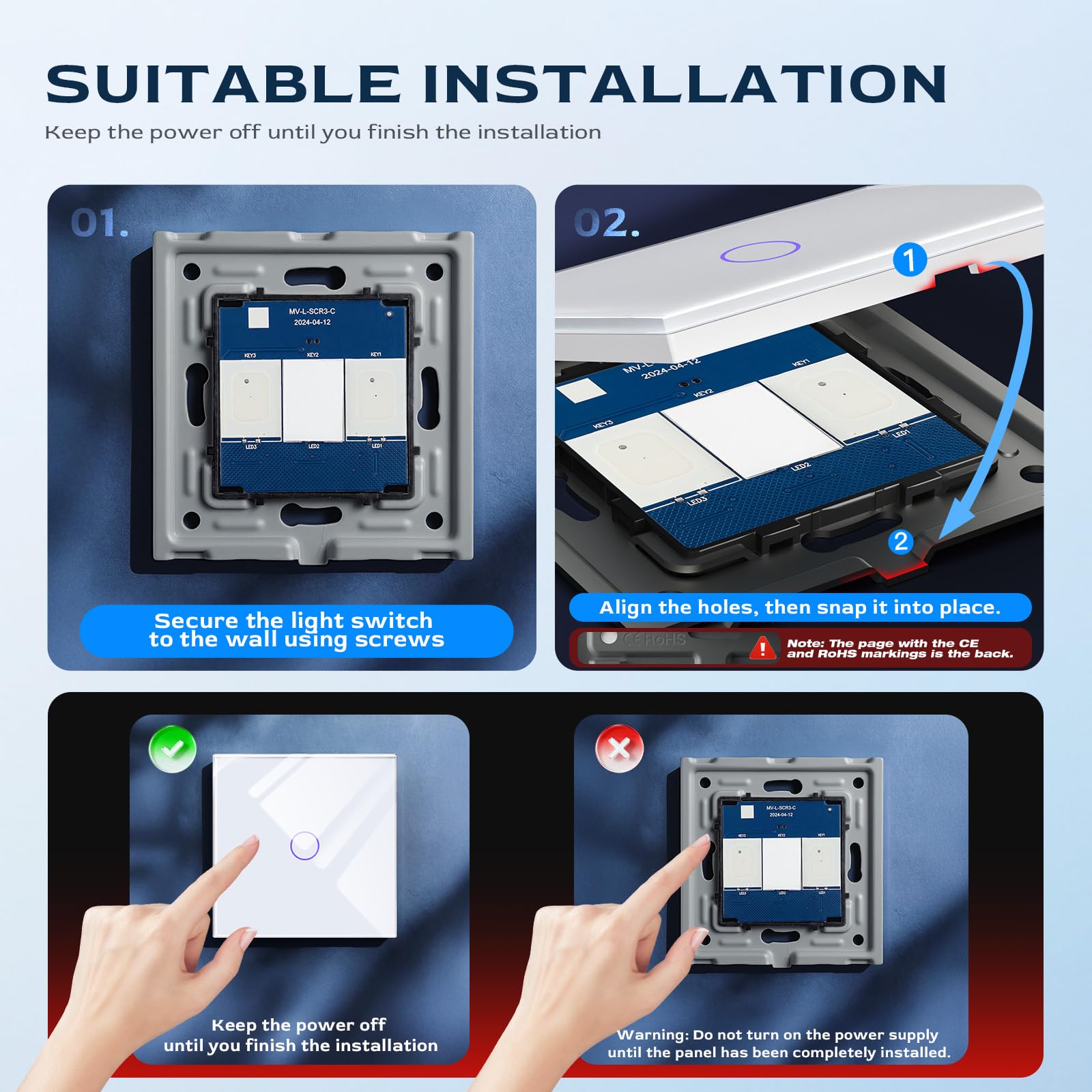 BSEED Interruptor de Luz 1 Gang 1 Vía,NO Interruptor WiFi,Interruptores tactil pared Blanco con indicador LED,Interruptores de luz con panel de vidrio templado,sin cable neutro