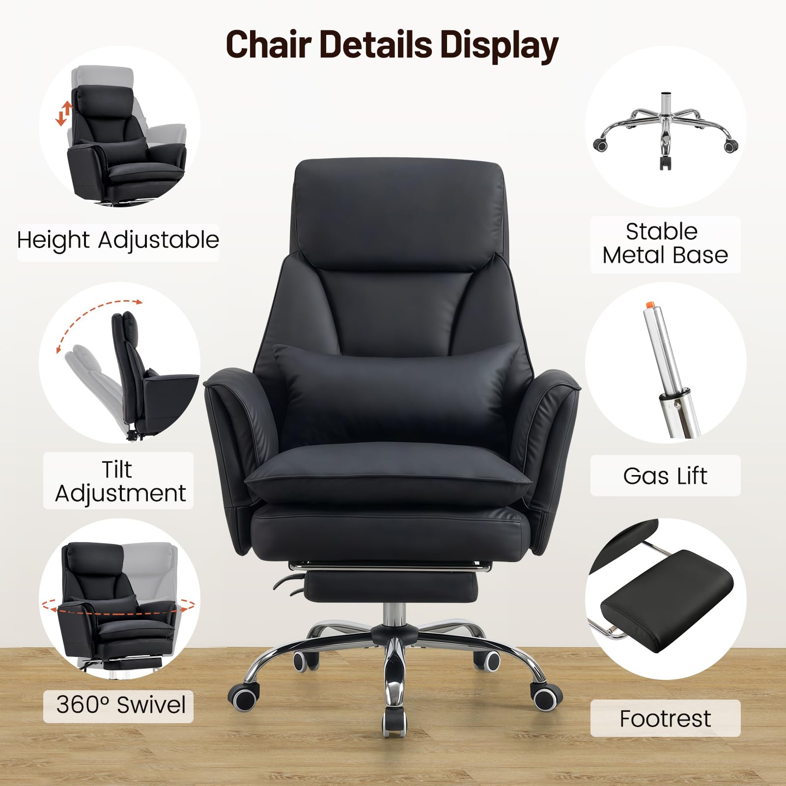 Bürostuhl Chefsessel Ergonomisch, Gaming Stuhl mit 5-Stufig Verstellbare Armlehnen & Fußstütze, PU Leder Schreibtischstuhl mit 135° Verstellbarer Rückenlehne & Lendenwirbelstütze, Schwarz