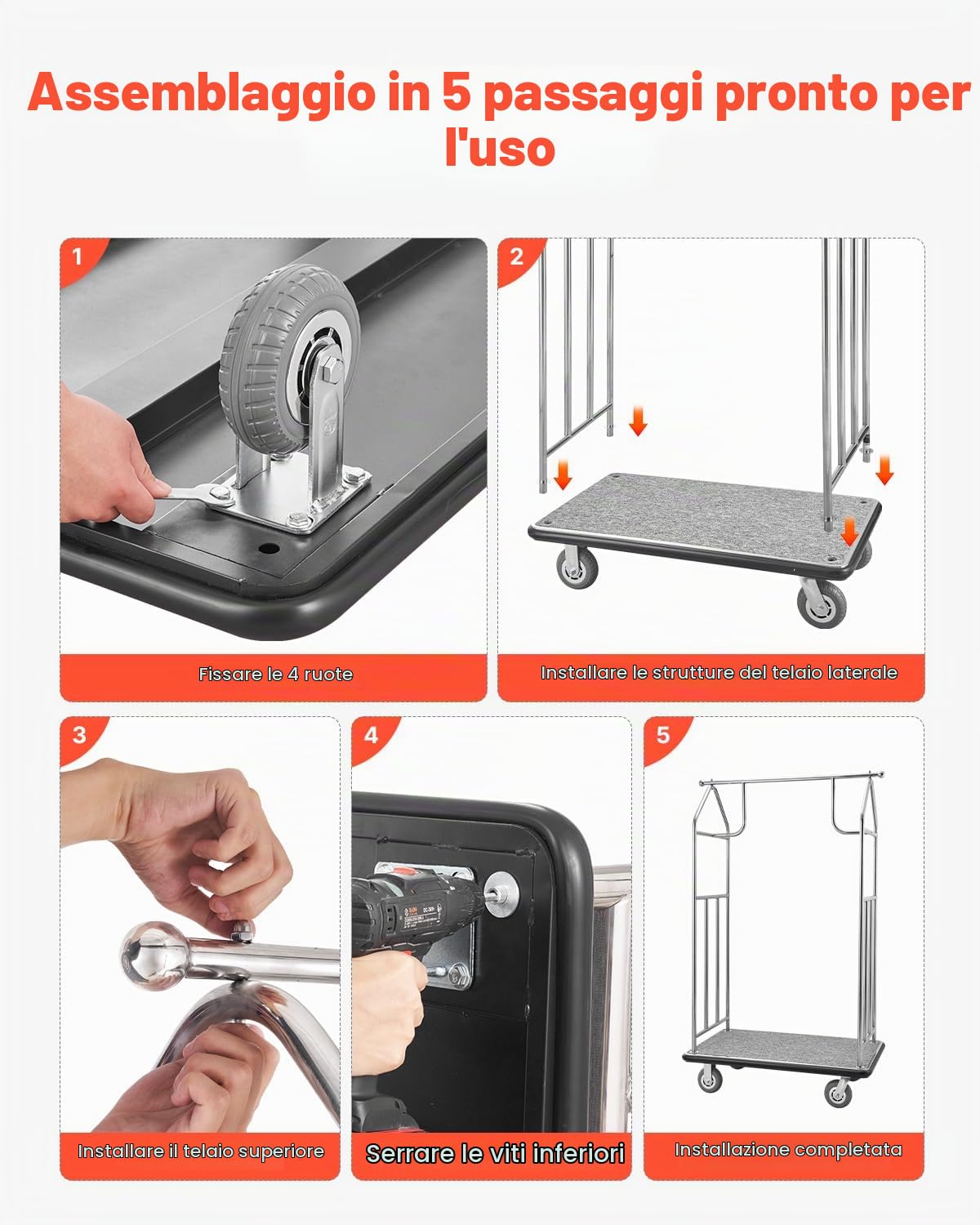 VEVOR Carrello Portavaligie per Hotel, Capacità di Carico di 362 kg Carrello Trasporto Portavaligie con Ponte in Moquette Grigia e Ruote in Gomma da 152,4 mm per Hotel, Condomini, Resort, Argento