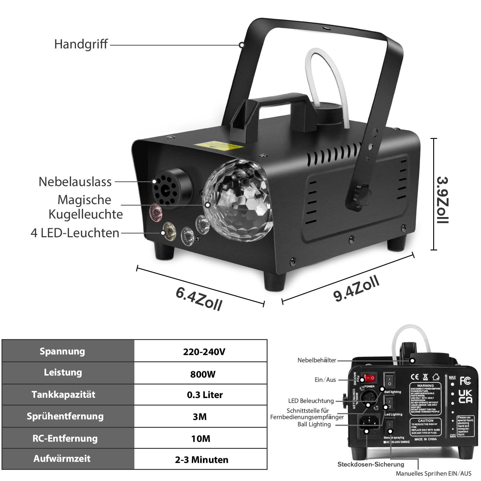 800W Máquina de humo con bola de discoteca LED RGB controlada por música, 4 luces LED RGB, mini máquina de humo con mando a distancia inalámbrico para DJ, discoteca, Halloween, bodas