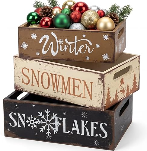 3 cajas de madera de Navidad vintage, caja de almacenamiento rústica de Navidad, decoración de mesa de invierno, cubos de almacenamiento de madera