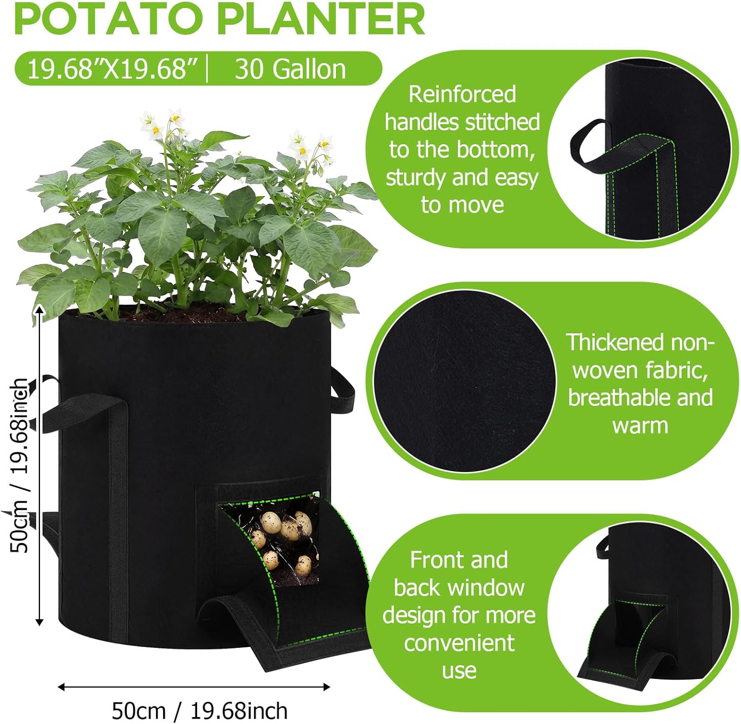 4pcs 30 Gallon Potato Grow Bags with Harvest Window & Visible Window 350g Thickened Nonwoven Fabric Pots, Sturdy Handle Planting Bag for Garden Vegetable Fruits Tomato Growing