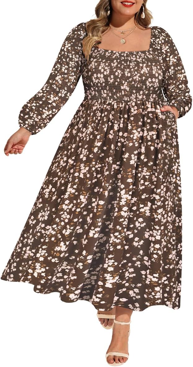 RITERA Plus Size Dresses for Curvy Women Square Neck Fall Long Sleeve Floral Smocked Maxi Dress with Pocket XL-5XL
