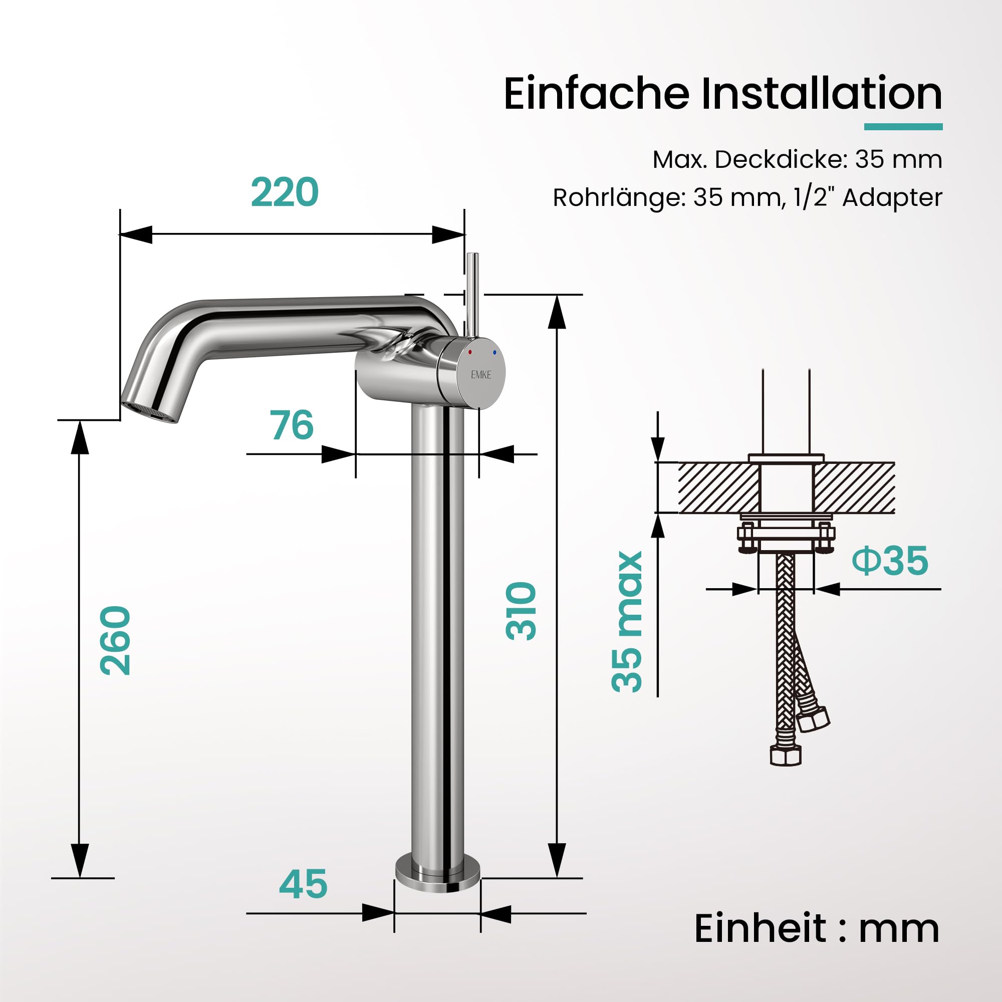 EMKE Wasserhahn Bad Chrom, 332 x 220 x 76 mm, Messing, Keramikkartusche, Badarmatur, Wasserhahn mit Luftsprudler, Waschtischarmatur, Mischbatterie Waschbecken-Armatur einfache Installation