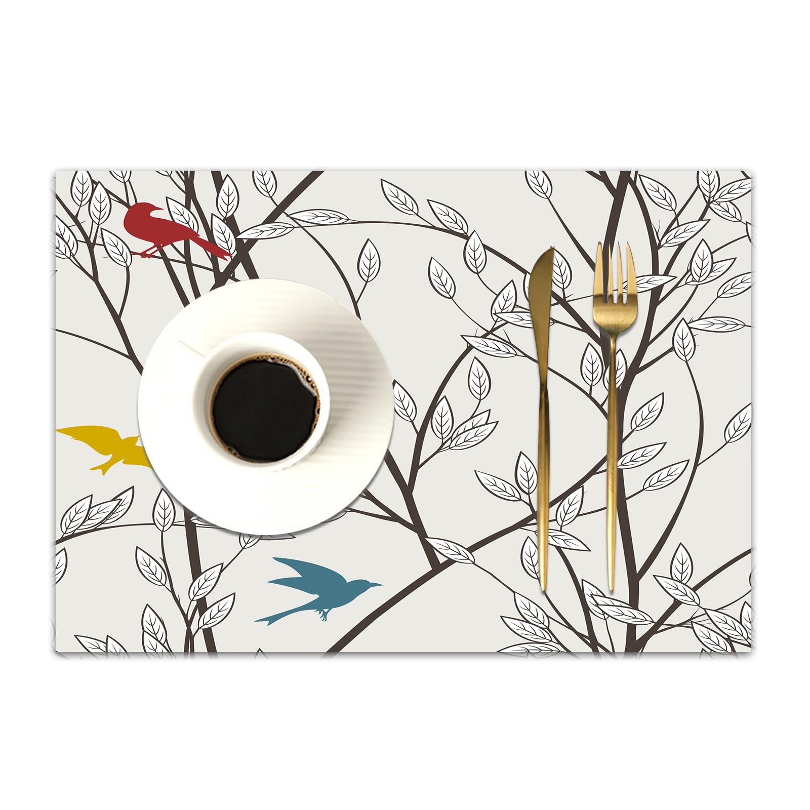 DASNK Table Mats Set of 4 Woven Vinyl Place Mats for Dinner Table Washable & Durable Indoor/Outdoor Use Table Accessories,colourful birds and branches,12x18in