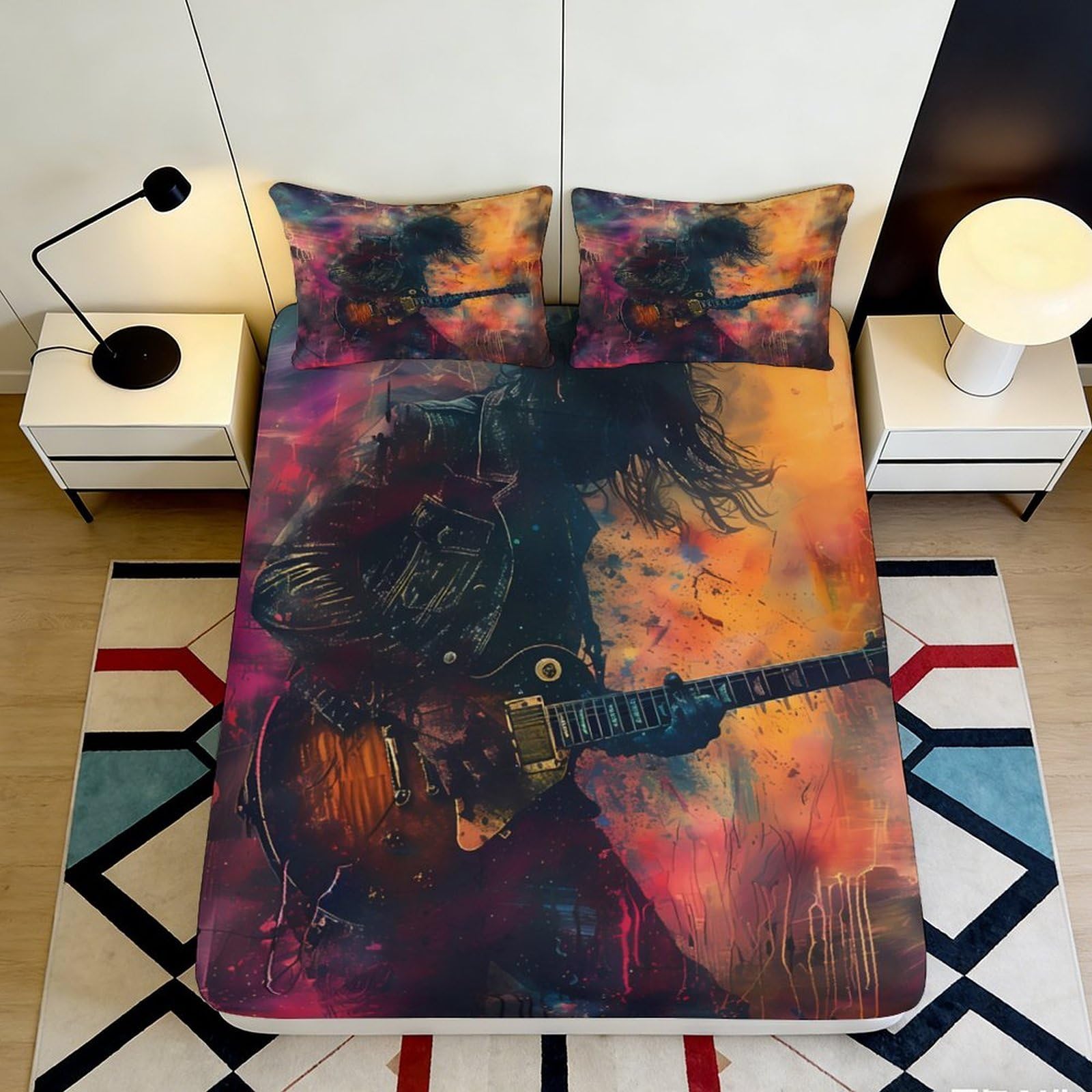 3D Printed Rock Guitar Fitted Sheet Microfiber Soft Breathable Music Art Mattress Cover for Bedroom Dormitory Guest Room Protection Decoration 160x200x25cm