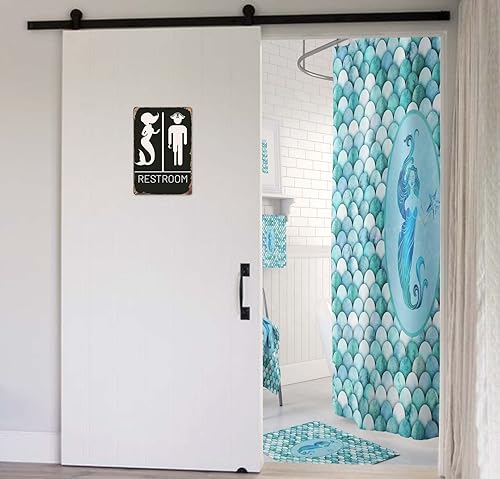 Miniatura 5 de Letrero náutico para baño, decoración temática de pirata y sirena para baños inspirados en la playa y el océano, divertido letrero de baño, 12 x 8