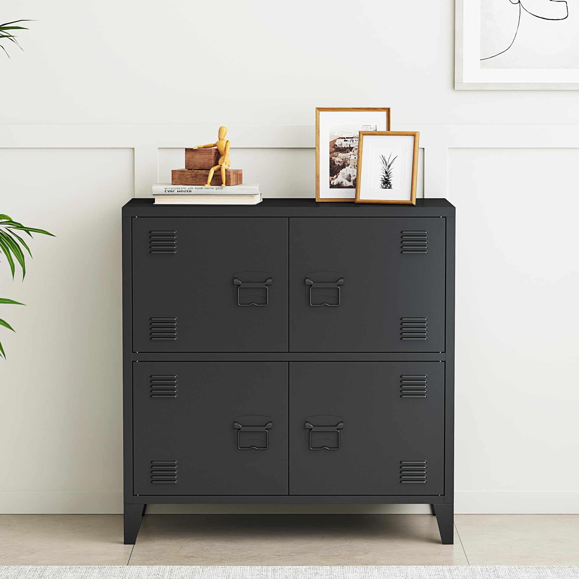 [en.casa] Armario Archivador Hamina Aparador Mueble de Oficina Estudio Garaje con 2 Compartimentos y 4 Puertas con Ranuras de Ventilación Acero 82 x 80 x 40 cm - Negro