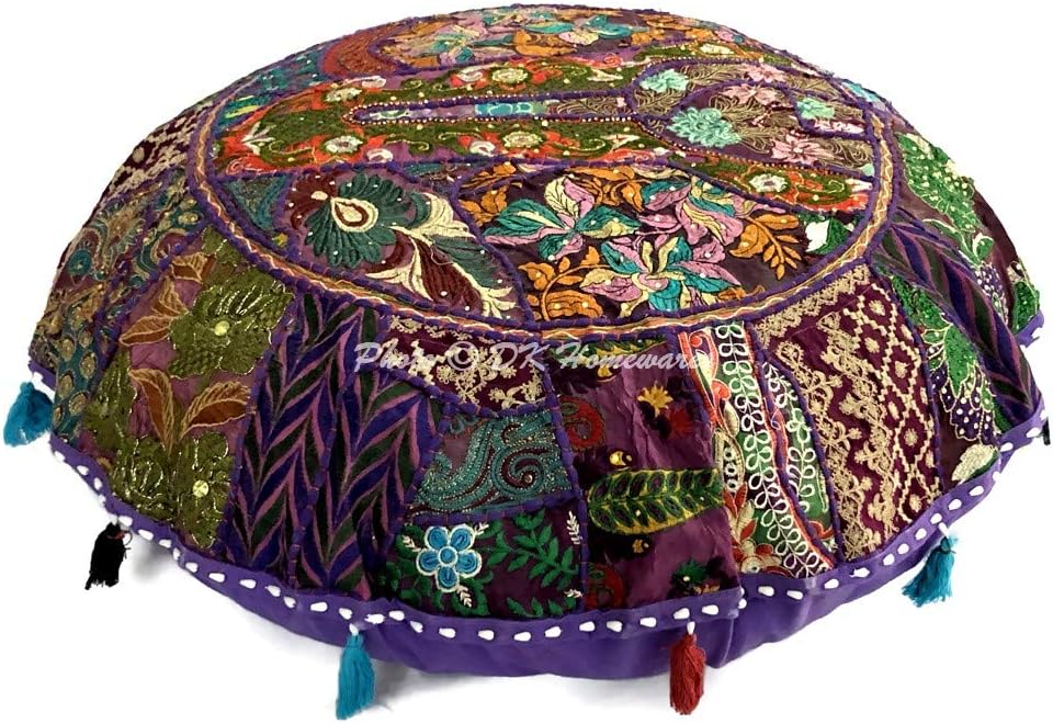 Indian Ethnic Bohemian Floor Pillow Cover Purple 32 Inch Patchwork Meditation Ottoman Stool Home Decor Embroidered Vintage Cotton Round Floor Cushions Seating for Adults 32x32