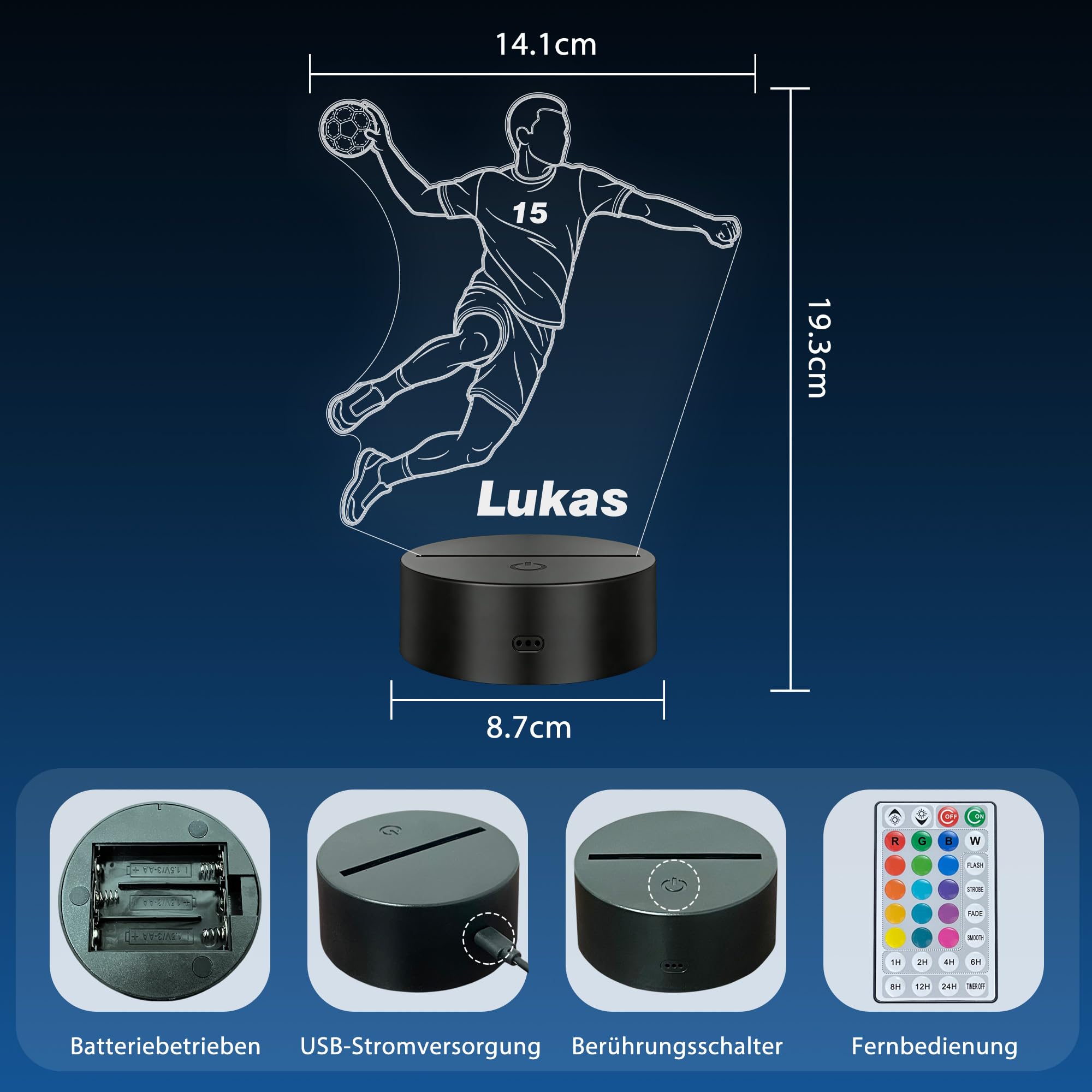 Personalisierte Handball Lampe – LED Nachtlicht mit Name – Handball Geschenk für Kinder, Spieler, Trainer & Fans – 16 Farben dimmbar mit Fernbedienung – Sport Deko Licht Kinderzimmer (Jungen)