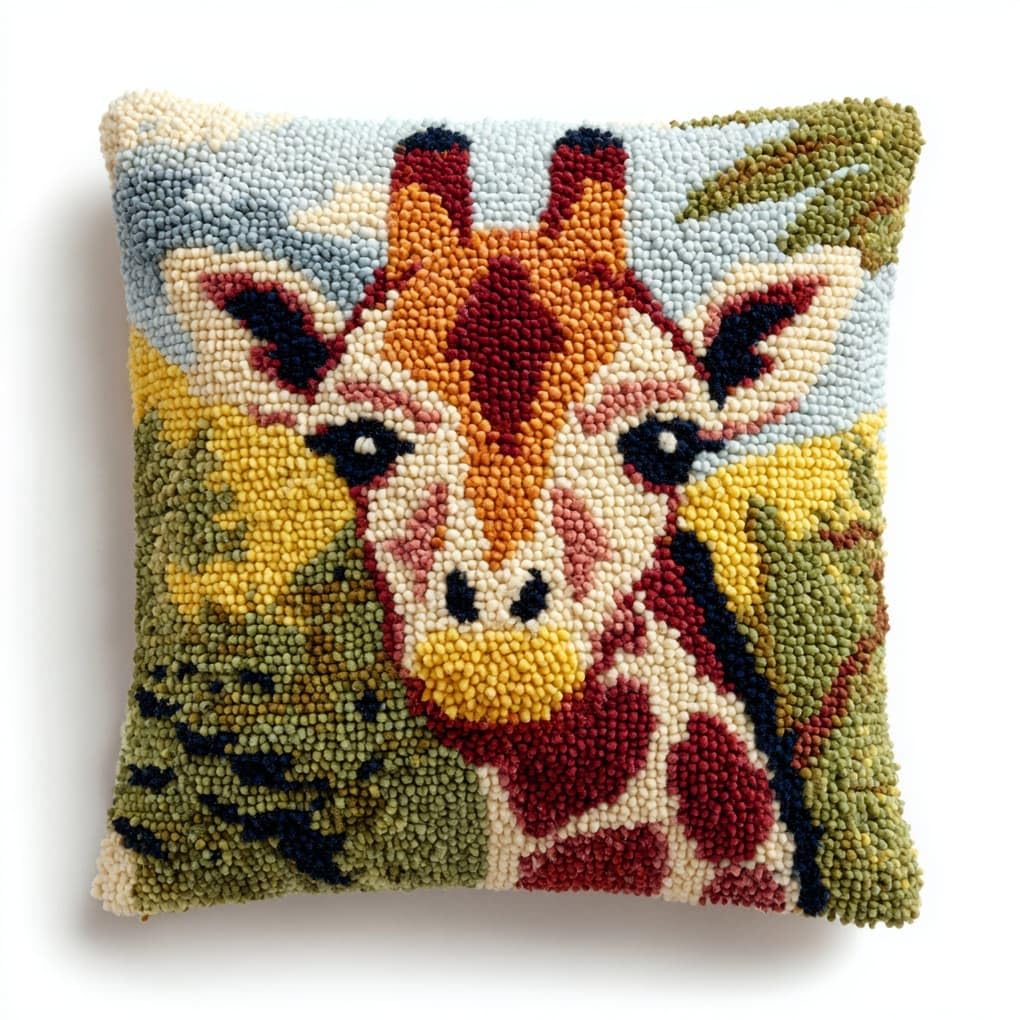 Henypt Latch Hook Pillow Craft Kit 43x43cm,Animal Giraffe 17x17 Inch,Complete Starter Kit with Tools and Yarn for Beginners & Craft Enthusiasts