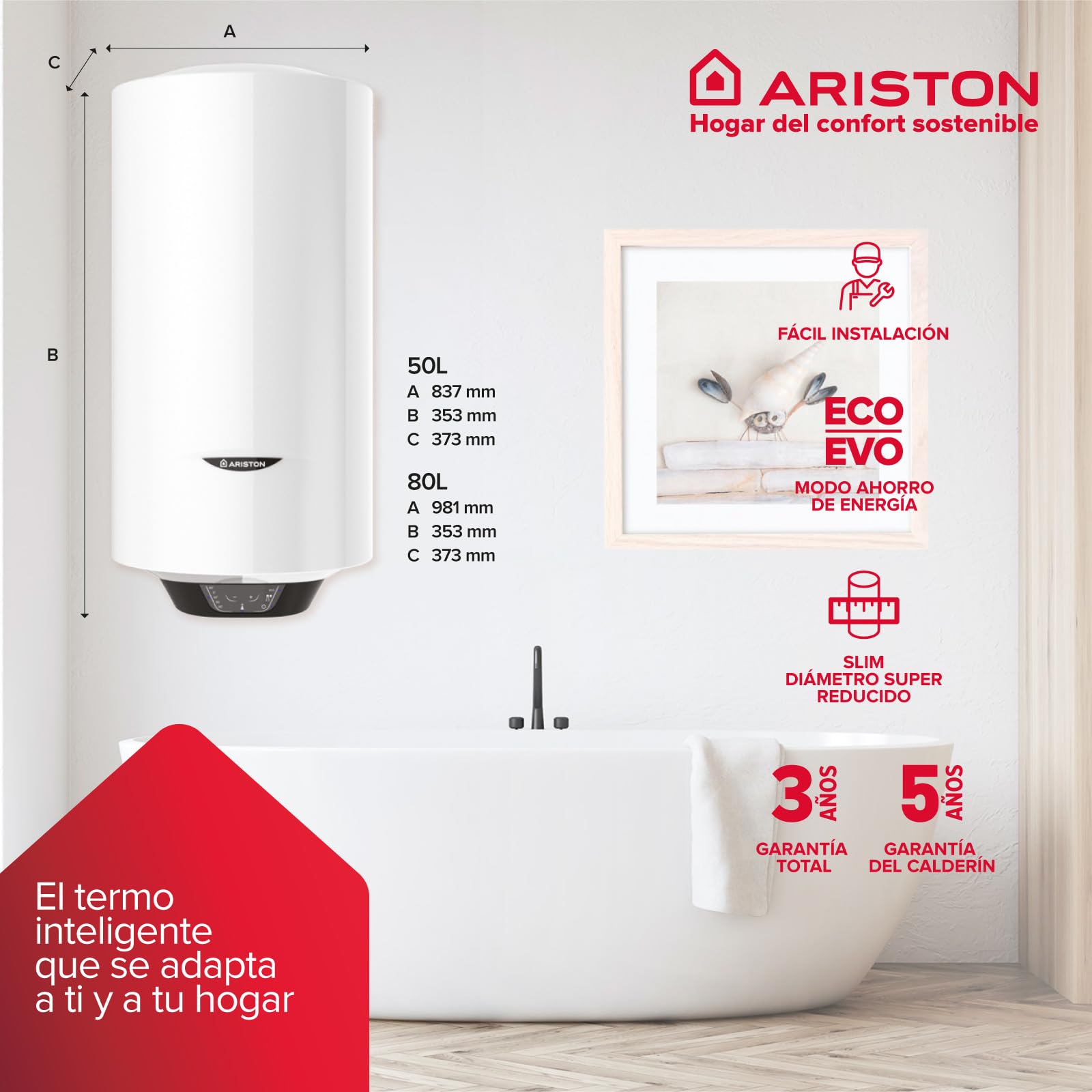 Ariston Pro1 Eco Slim - 65 litrów, niski pobór mocy, pionowy elektryczny podgrzewacz wody z funkcją ECO 37,3 x 35,3 x 98,1 cm - wyprodukowany do instalacji w Hiszpanii