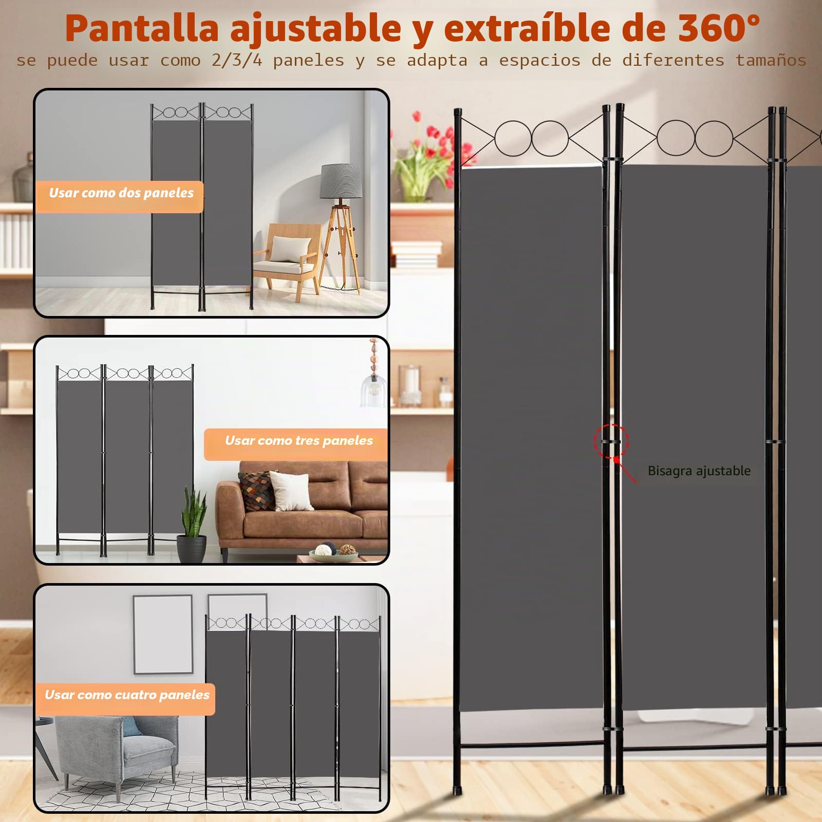 Todeco Biombo Interior Gris 4 Paneles 160x180cm | Separador plegable poliéster, pantalla privacidad espacios, apto oficina estudio hogar, fácil plegado almacenamiento