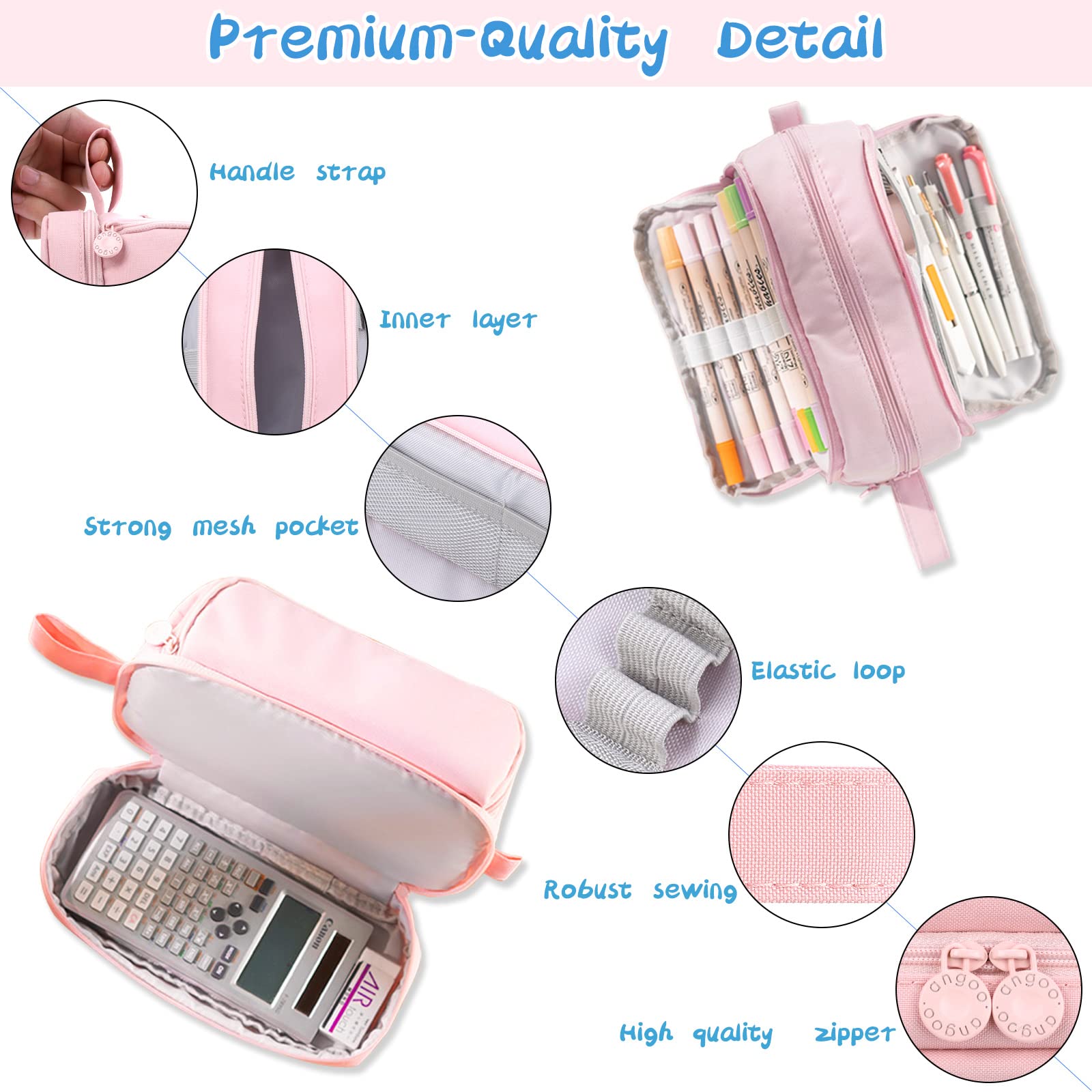 Eucomir Pencil Case with 4 Compartments for Girls Boys Large Pencil Case Stationery Organizer Aesthetic Case for Kids Women Men Teenagers Students Light Pink - Image 3