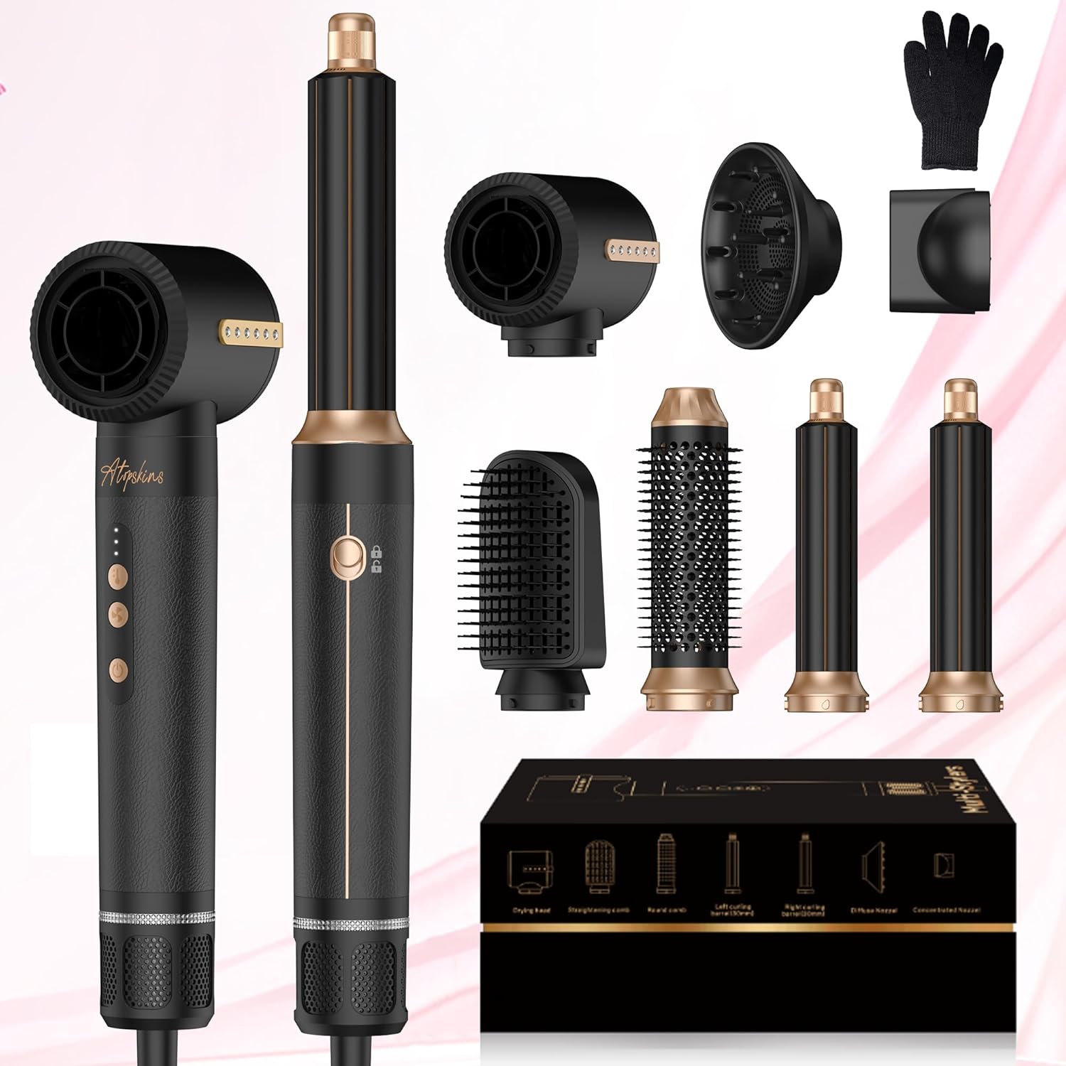 7 in 1 Hairstyler Air Styler set Atopskins mit 110000 RPM Haartrockner, Warmluftbürste, Föhnbürste, Rundbürstenföhn, Lockenstab, Glättbürste,für Haar Volumen, Glätten,Locken und Föhnen,Schwarz - Amazon product rated Grade B