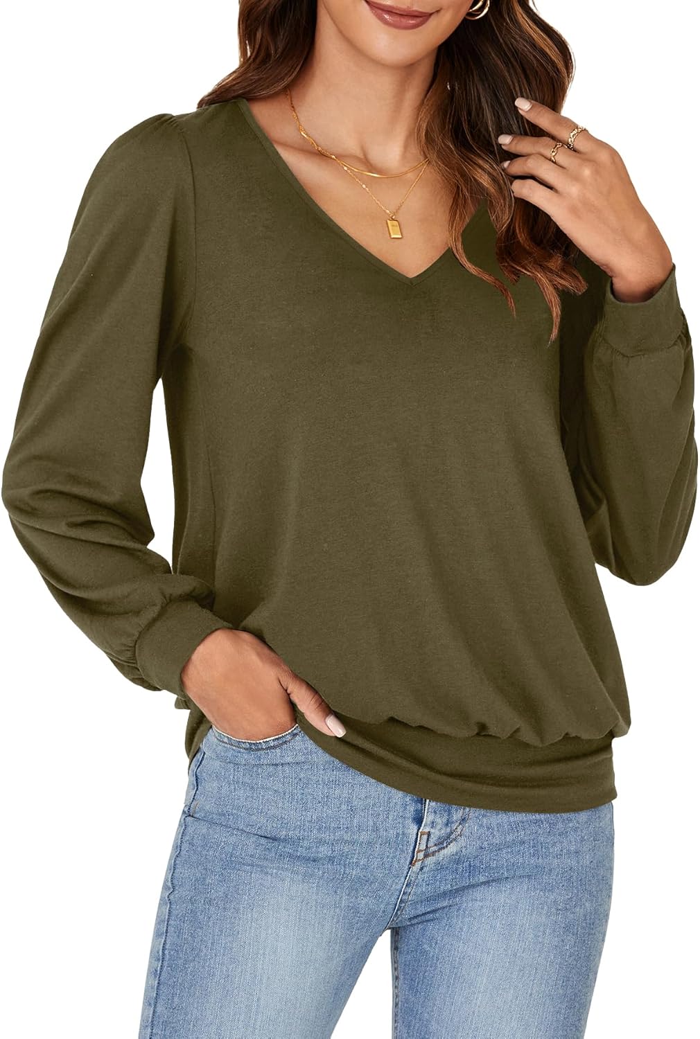 Vrtige Women's Casual Banded Bottom V Neck Puff Long Sleeve Tunic Top Blouse Shirt - Image 4