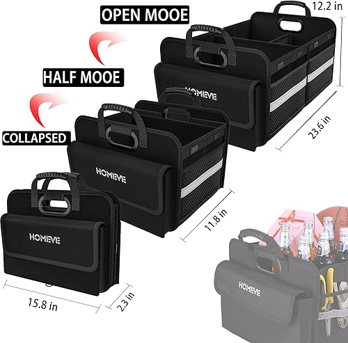 Miniatura 4 de Homeve - Organizador de maletero para automóvil, caja de almacenamiento plegable, 3 compartimentos, múltiples bolsillos, tiras antideslizantes,