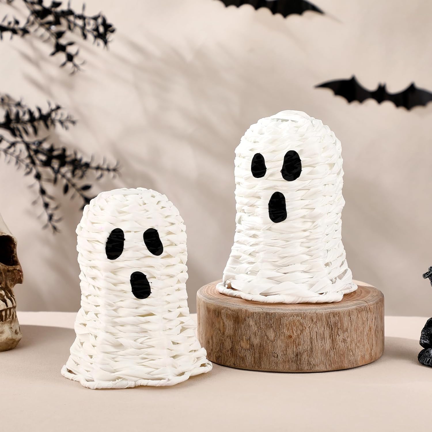 weysat 2 pcs halloween ghost decor halloween rattan ghost decor for table centerpiece indoor decorations imitation wicker woven decoration for party desk shelf mantel farmhouse home bedroom office
