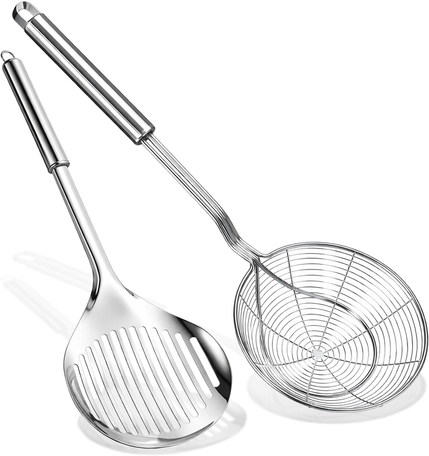 2Pcs Versatile Stainless Steel Spider Strainer Solid Kitchen Strainer Ladle with Long Handle, Kitchen Gadgets for Cooking and Frying, Ladle Spider Strainers Skimmer for Pasta, Noodle, Spaghetti