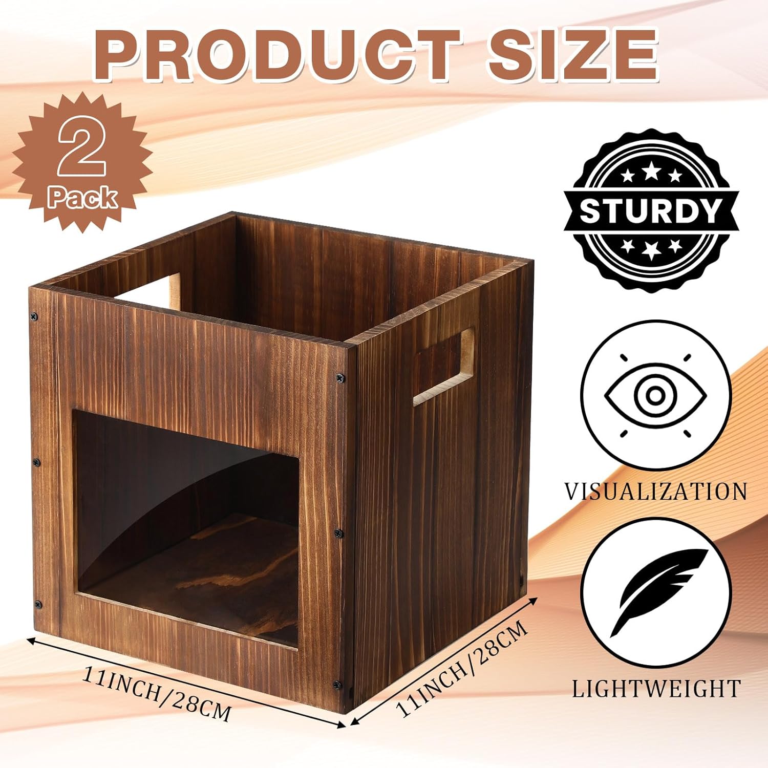 2 Pack Stackable Wood Storage Cube Boxes with Handles and Acrylic Clear Panel, 11-inch Stackable Storage Baskets for Shelves, Rustic Brown Cube Containers Organizing Bins for Books, Clothes