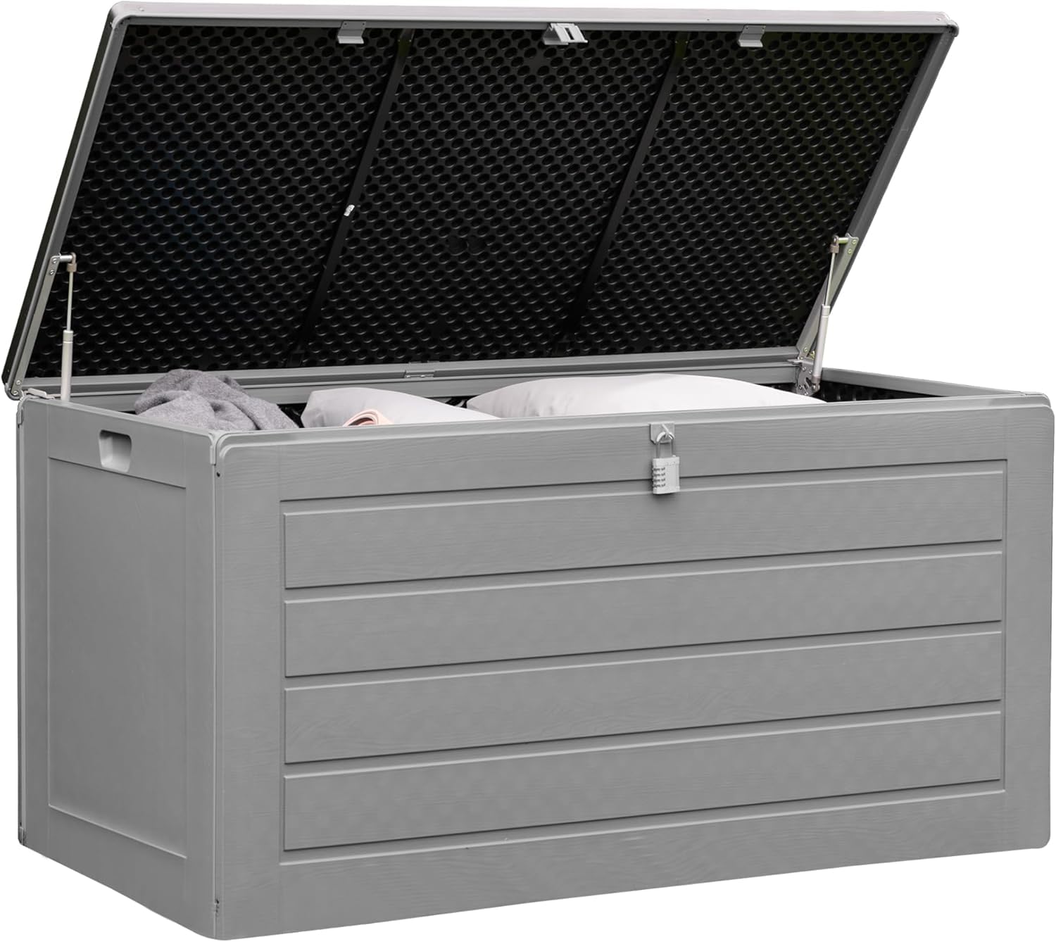 680L Large Garden Storage Box - Weather Resistant Heavy Duty Garden Box with Padlock & Wood Effect - Huge Capacity Outdoor Storage Chest for Tools, Cushions, Toys & More (Anthracite)