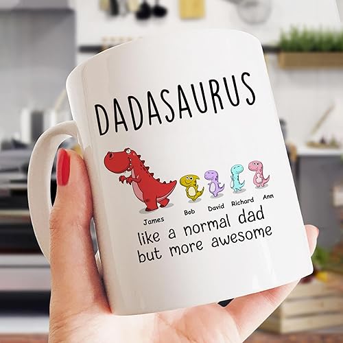 Miniatura 9 de Gossby DADASAURUS - Taza de café personalizada para papá, regalo personalizado para papá de niños, hija, hijo, esposa con diseño, nombres, divertido