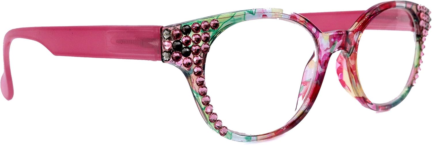 Versailles, (Bling) Reading Glasses For Women Adorned W (Rose, Black Diamond) Genuine European Crystals (Pink, Green, Clear) Round Frame. Magnification. NY Fifth Avenue